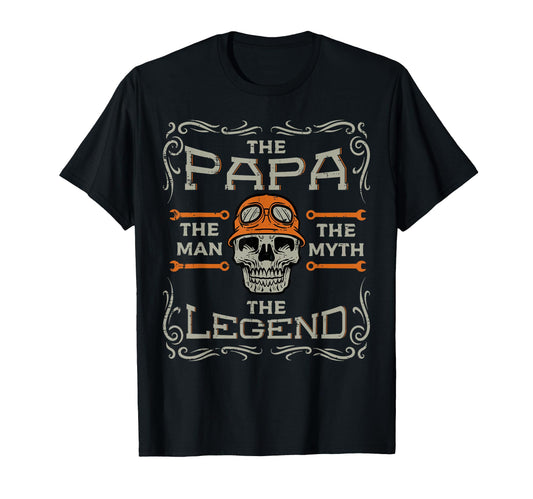 Biker Papa Myth Legend Skull Fathers Day T-Shirt - Graphic Print Unisex - T-Shirt, Sweatshirt, Hoodie