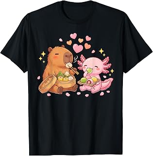 Cute Capybara Axolotl Eating Dim Sum Bao Mochi Kawaii T-Shirt Unisex T-shirt, Sweatshirt, Hoodie, Long Sleeve Tee - T-Shirt, Sweatshirt, Hoodie