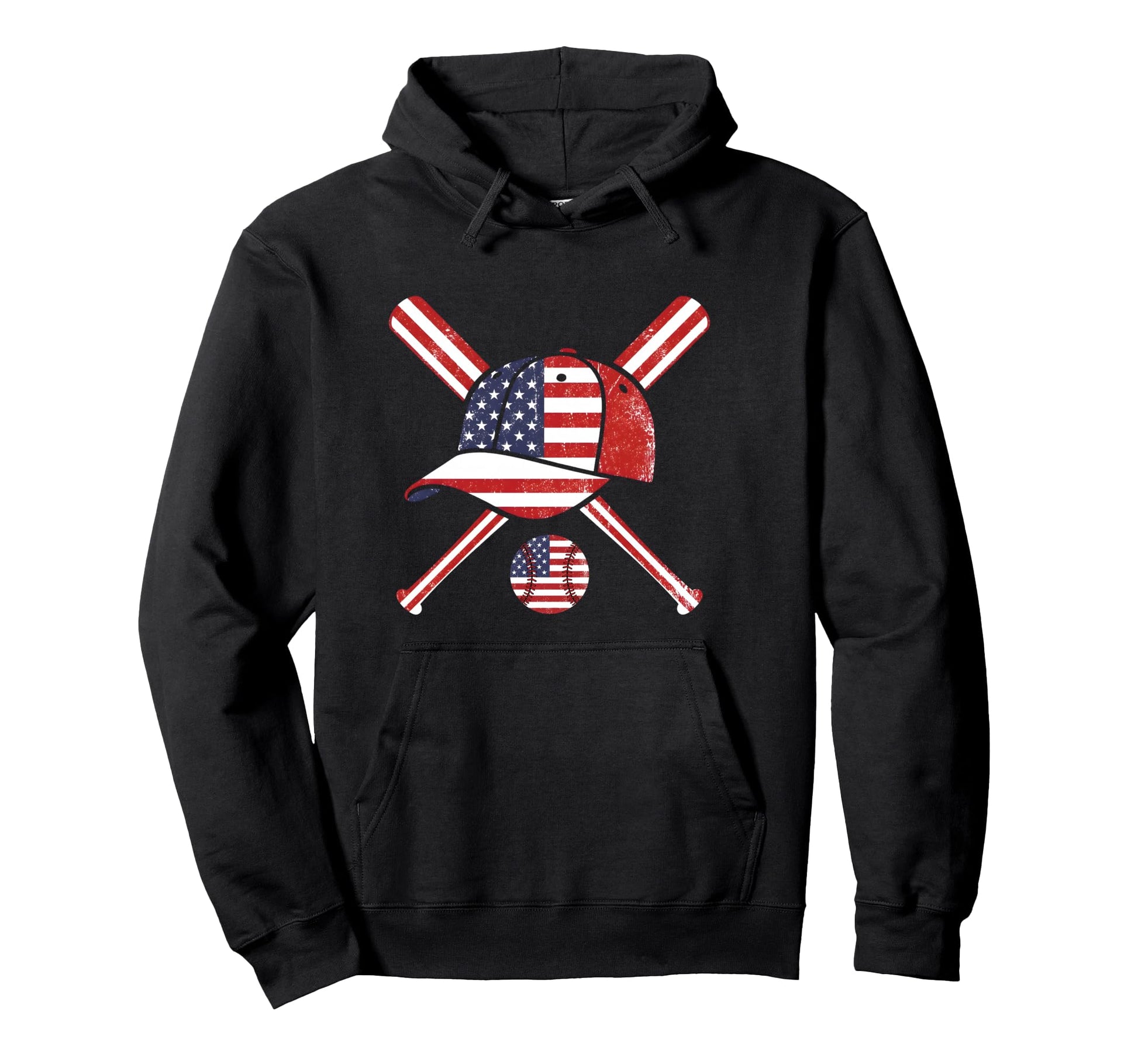 Baseball American Flag Lax Cap Bat Hoodie - Casual Everyday Wear Men Women - T-Shirt, Sweatshirt, Hoodie