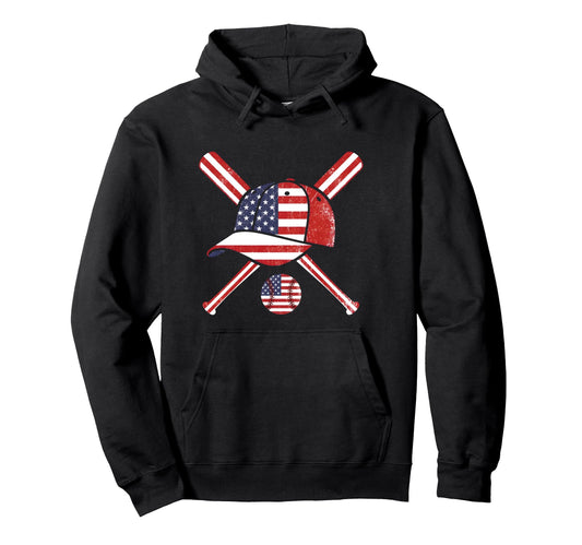 Baseball American Flag Lax Cap Bat Hoodie - Casual Everyday Wear Men Women - T-Shirt, Sweatshirt, Hoodie