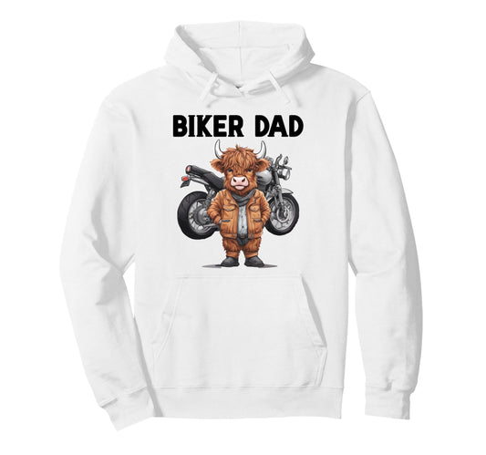 Biker Dad Funny Biker Scottish Highland Cow Hoodie - Unique Graphic Unisex - T-Shirt, Sweatshirt, Hoodie