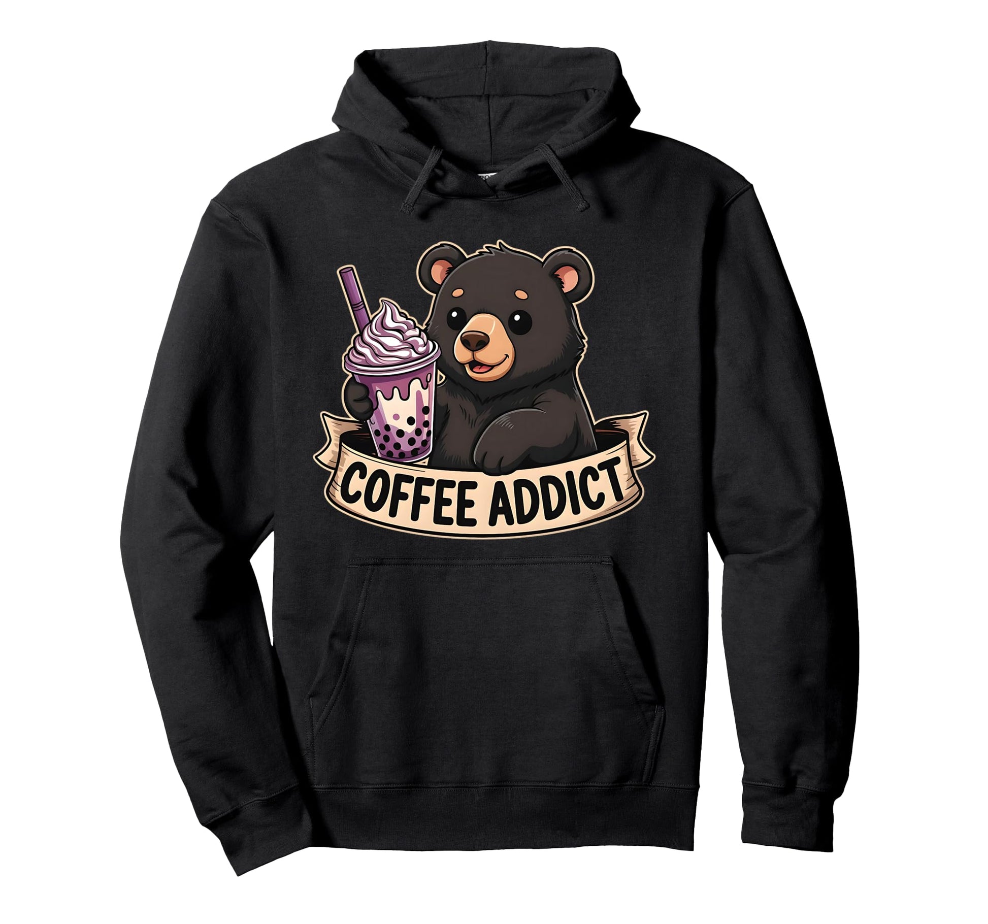 Black Bear Boba Coffee Addict Camping Hoodie - Minimalist Print Men Women - T-Shirt, Sweatshirt, Hoodie