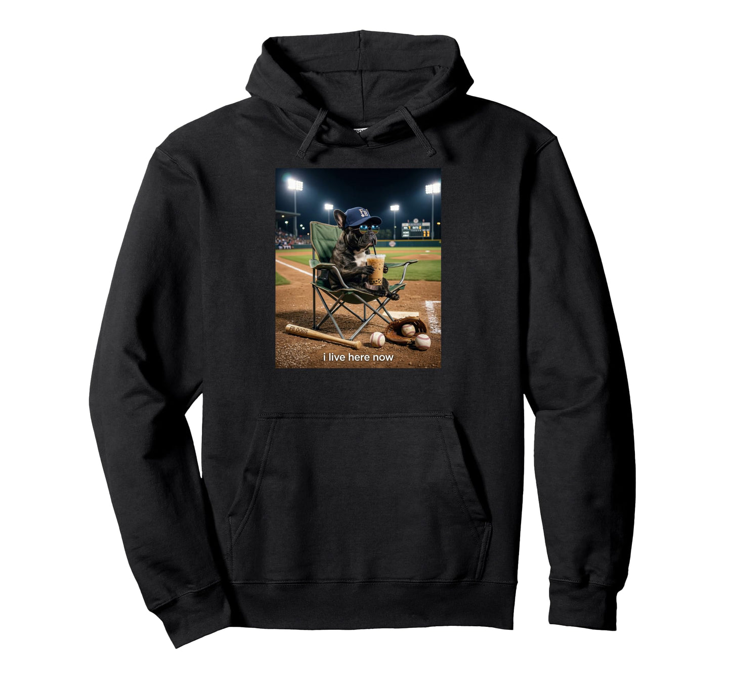 Funny Pug Dog Iced Coffee I Live Here Hoodie - Aesthetic Graphic Unisex - T-Shirt, Sweatshirt, Hoodie