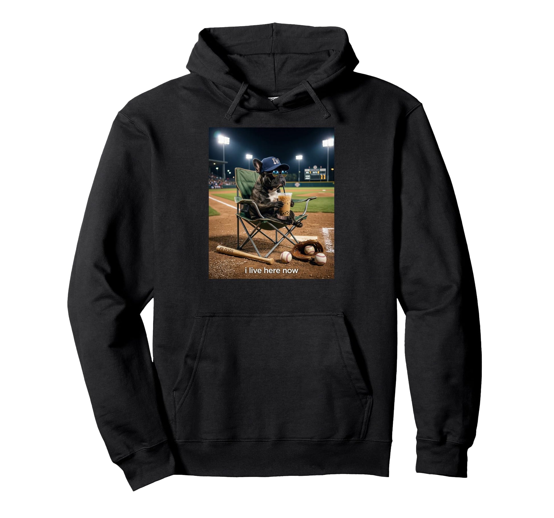 Funny Pug Dog Iced Coffee I Live Here Hoodie - Aesthetic Graphic Unisex - T-Shirt, Sweatshirt, Hoodie