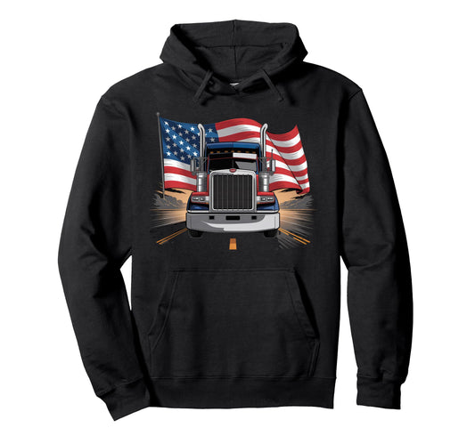 American Flag Trucker Dad Big Rig Hoodie - Custom Art Print Men Women - T-Shirt, Sweatshirt, Hoodie