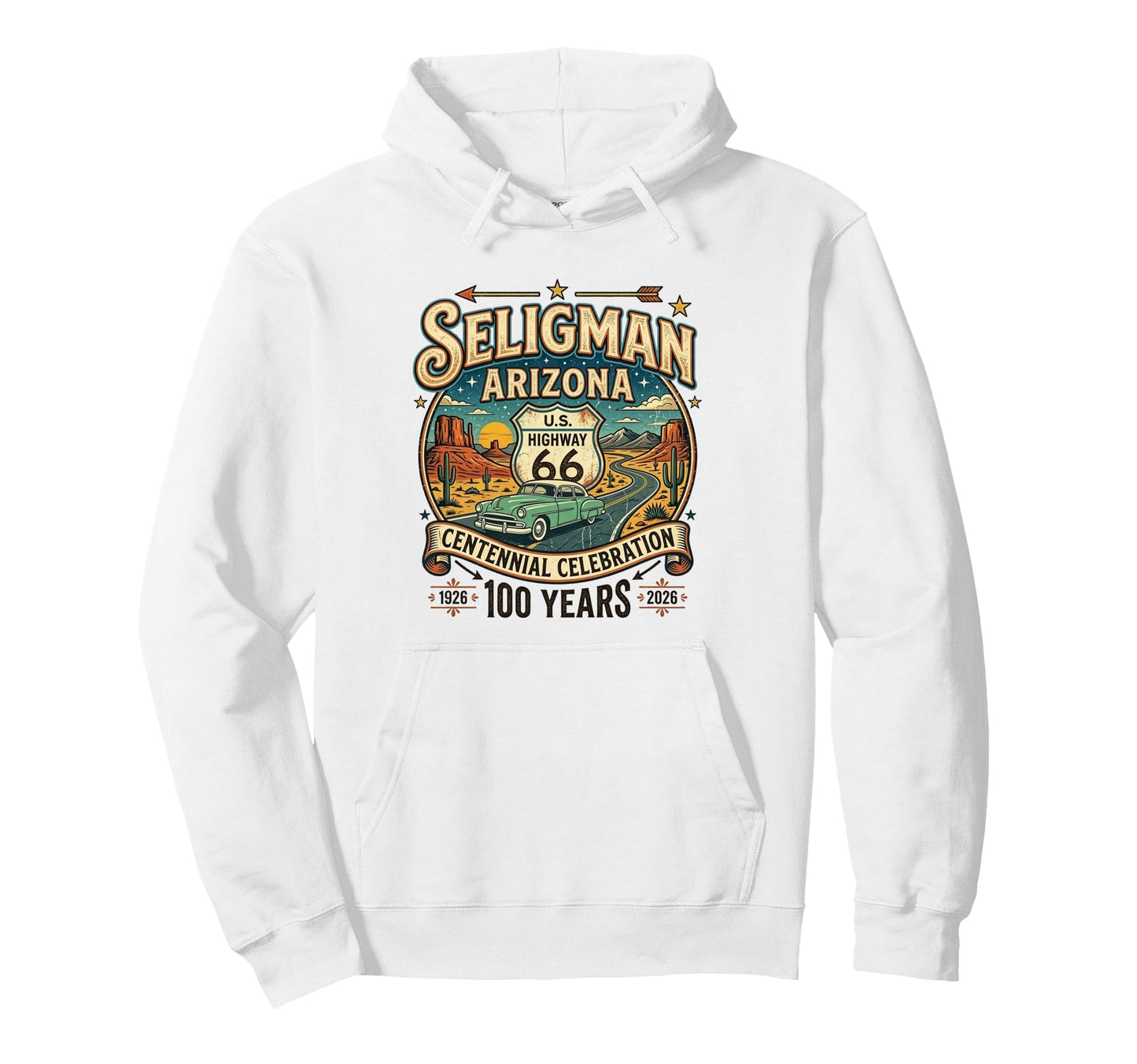 Seligman Arizona Us Highway 66 100 Hoodie - Custom Art Print for Adults - T-Shirt, Sweatshirt, Hoodie