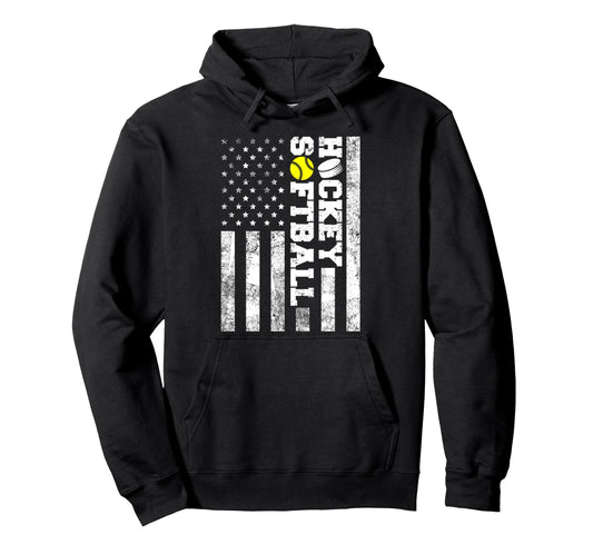 American Distressed Flag Funny Softball Hoodie - Graphic Print for Adults - T-Shirt, Sweatshirt, Hoodie