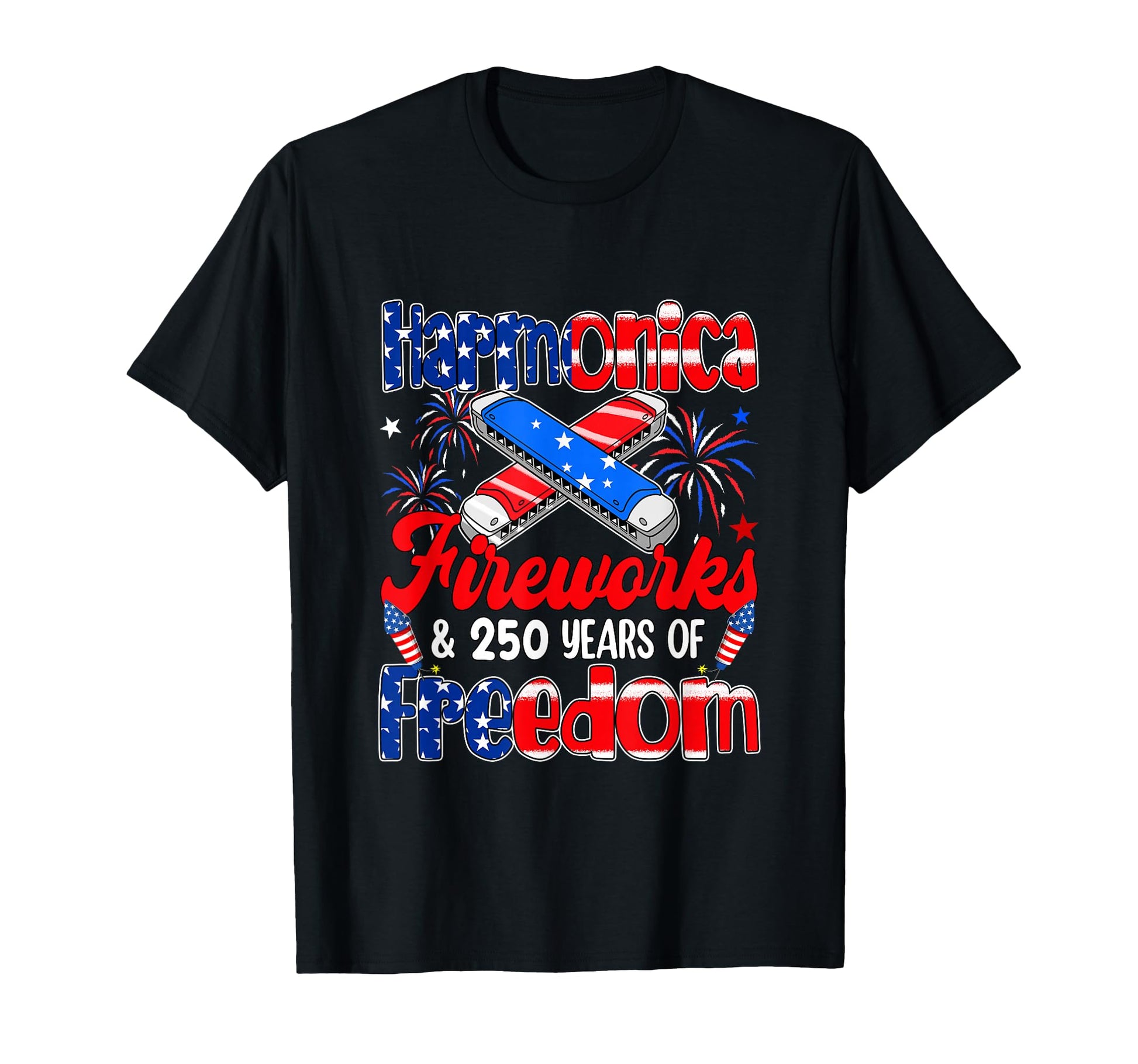 Harmonica Fireworks And 250Th T-Shirt - Aesthetic Graphic for Adults - T-Shirt, Sweatshirt, Hoodie