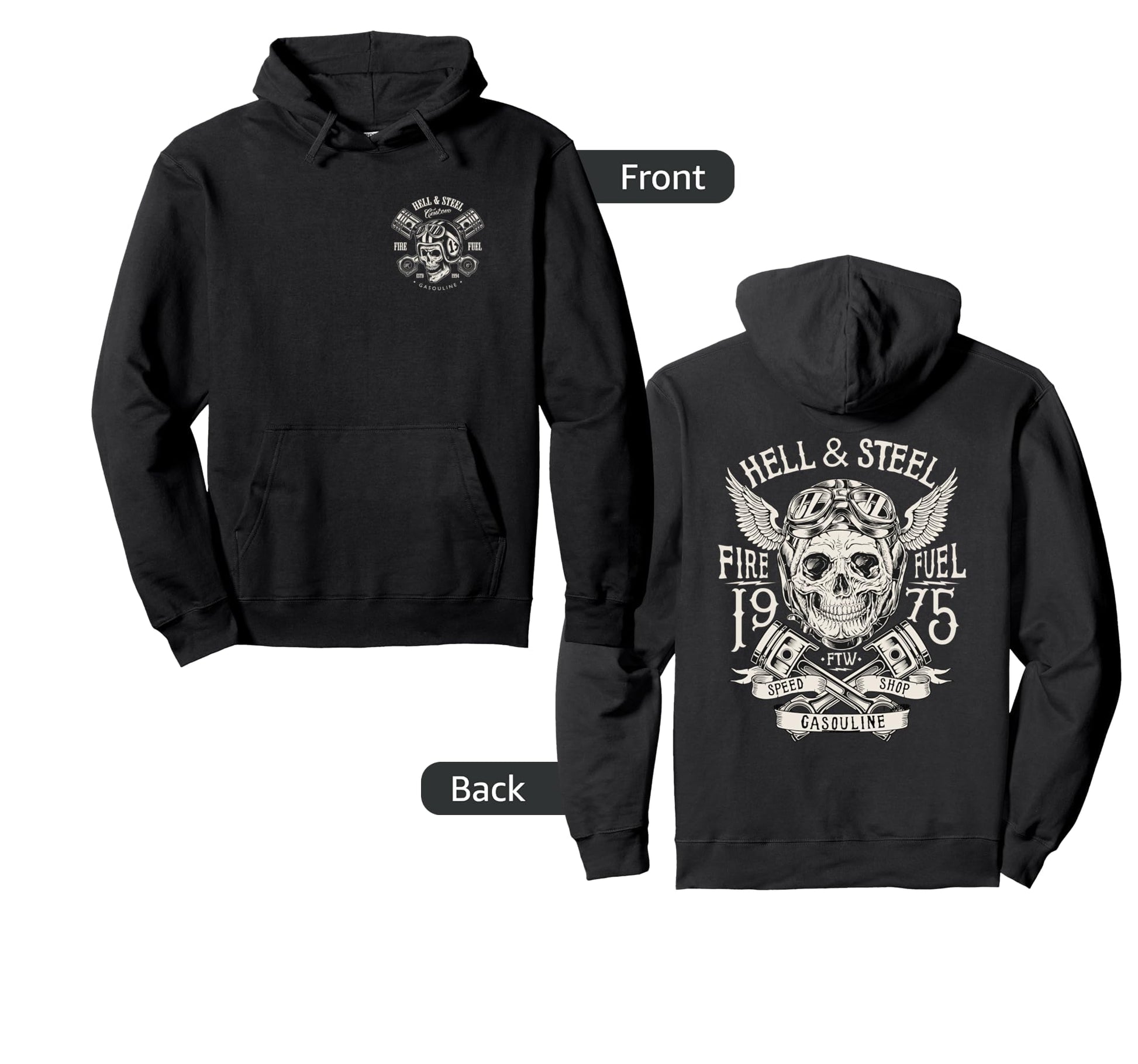 2 Sided Hell And Steel Skull Pistons Hoodie - Graphic Print Unisex - T-Shirt, Sweatshirt, Hoodie