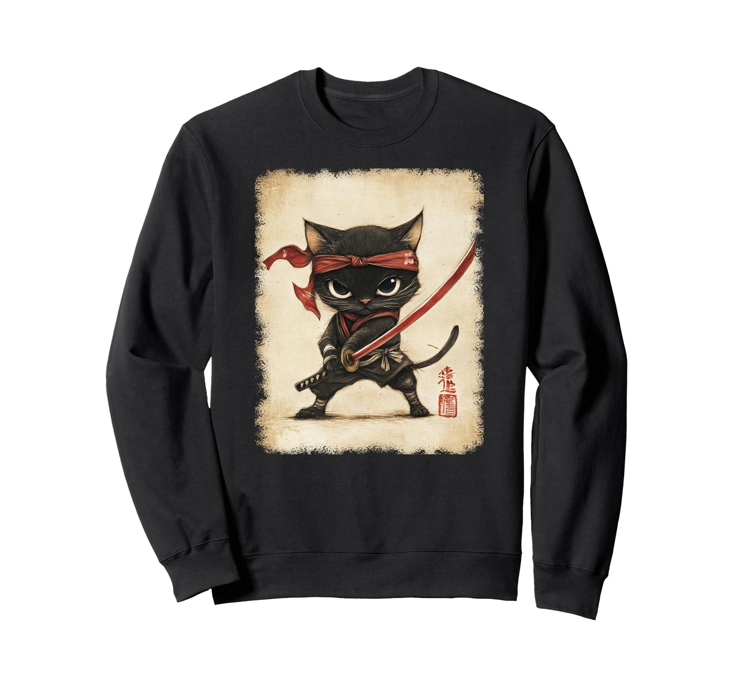 Japanese Samurai Kitten Kawaii Sweatshirt - Novelty Apparel for Adults - T-Shirt, Sweatshirt, Hoodie