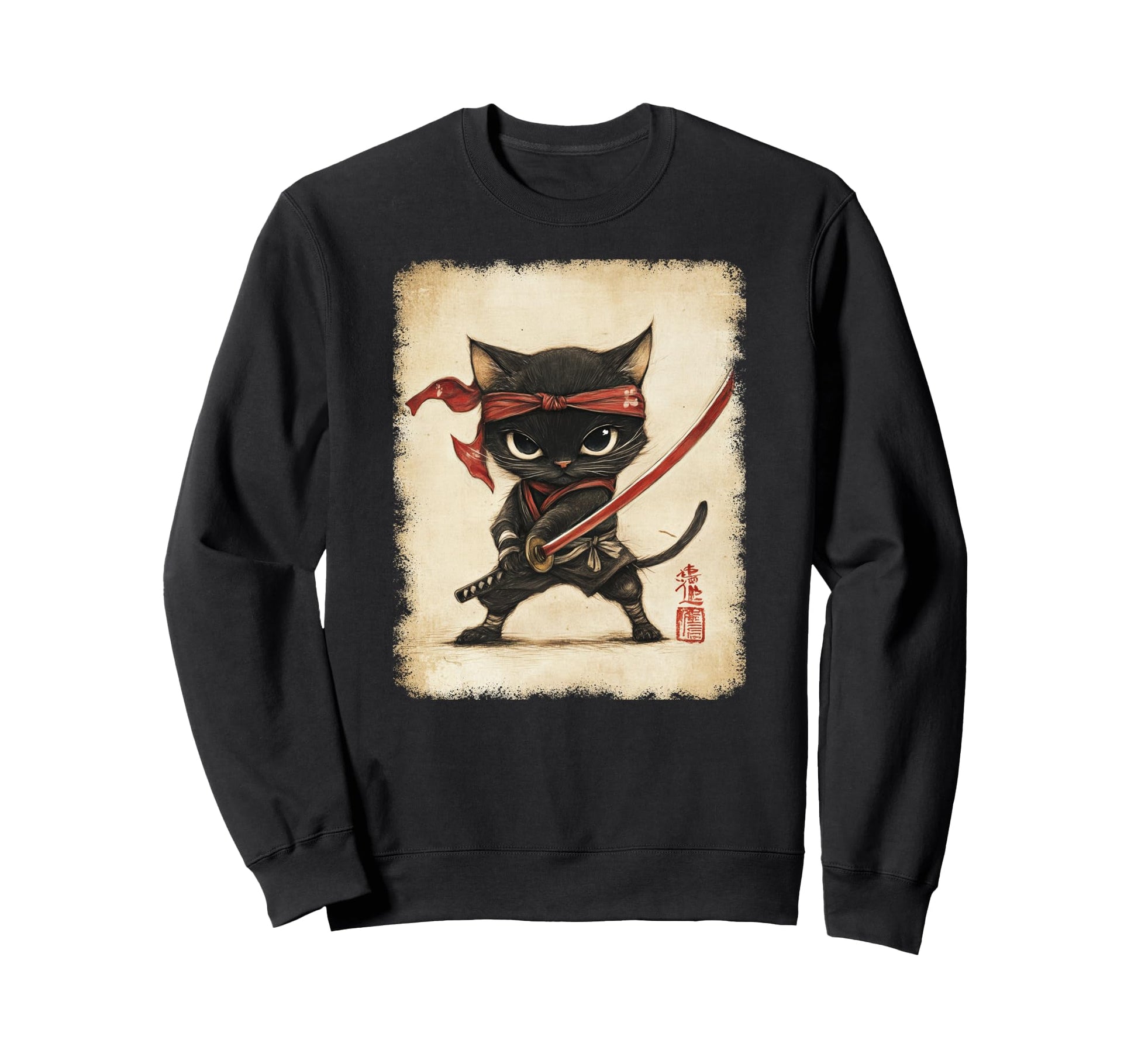 Japanese Samurai Kitten Kawaii Sweatshirt - Novelty Apparel for Adults - T-Shirt, Sweatshirt, Hoodie