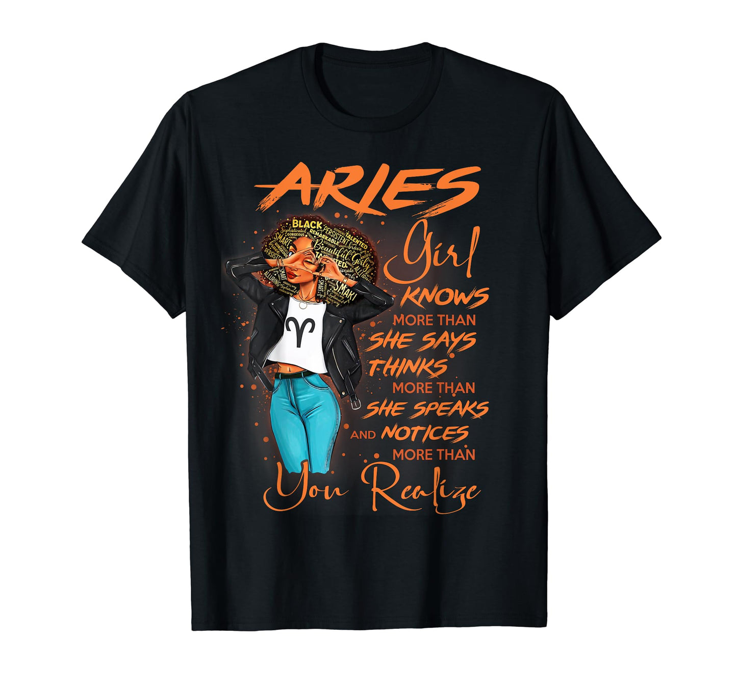 Aries Knows More Than She Says Black T-Shirt - Graphic Print for Adults - T-Shirt, Sweatshirt, Hoodie