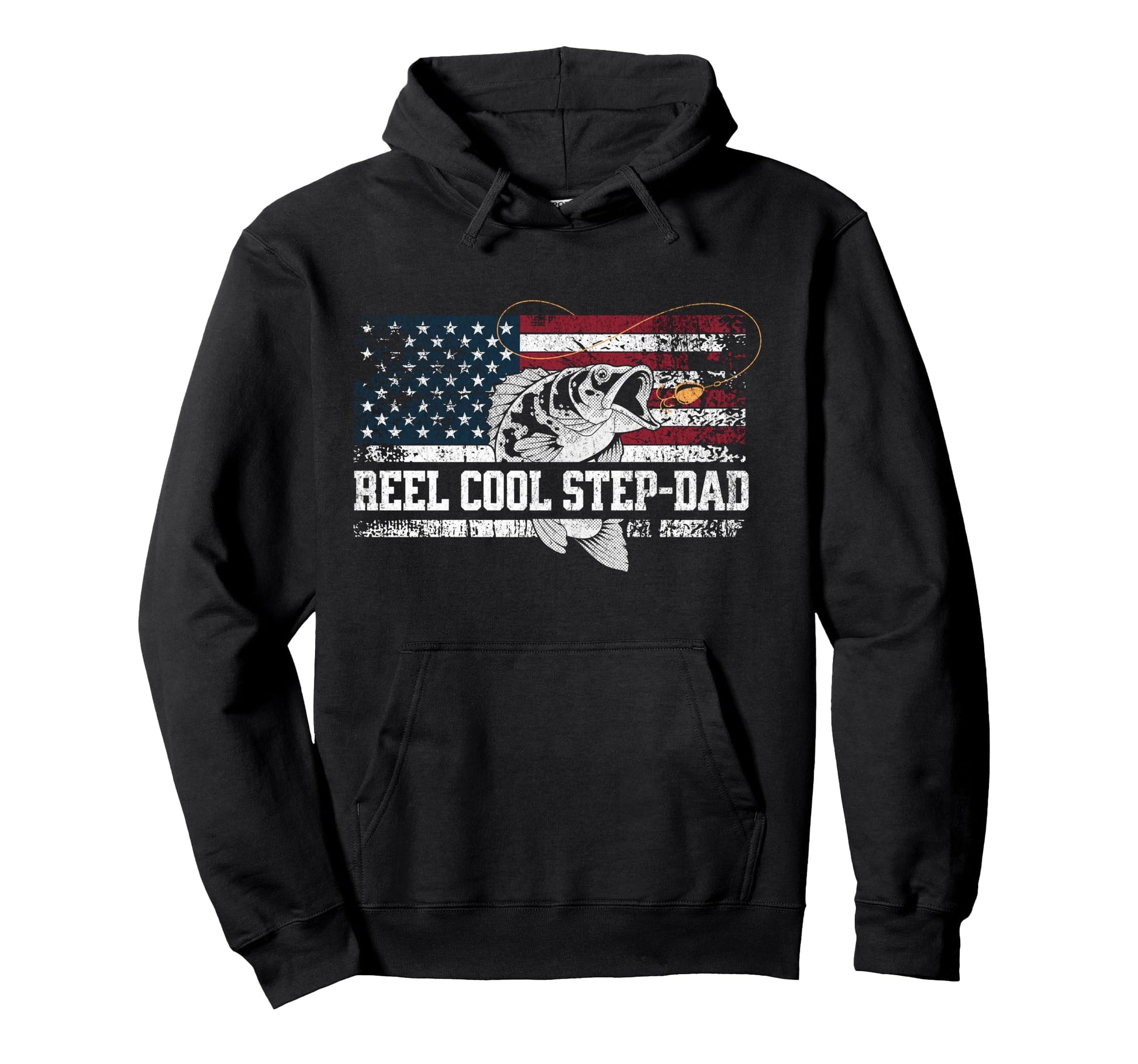 Reel Step Dad Fishing Usa Flag Hoodie - Casual Everyday Wear for Adults - T-Shirt, Sweatshirt, Hoodie