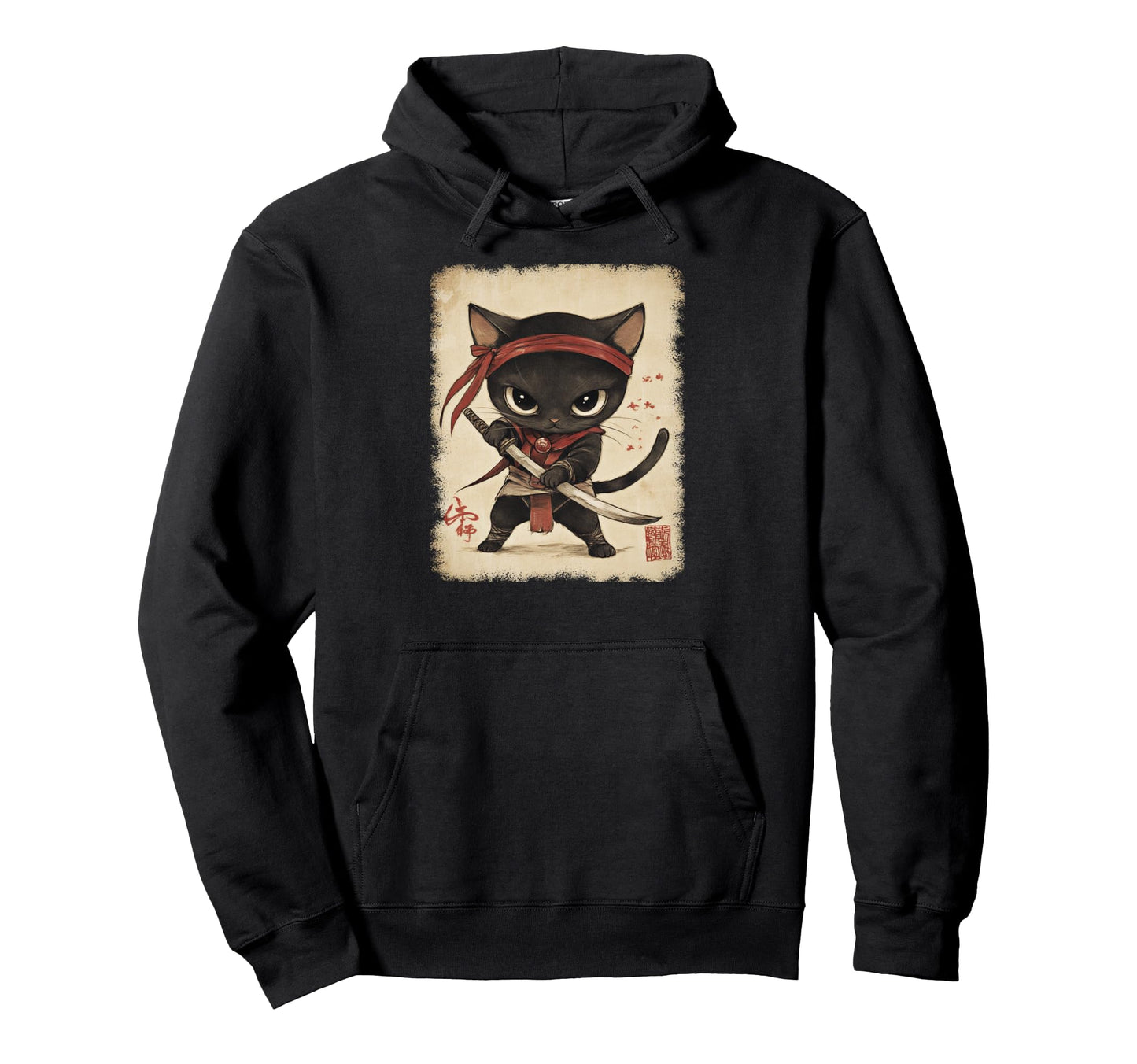 Japanese Samurai Kitten Kawaii Ninja Hoodie - Novelty Apparel for Adults - T-Shirt, Sweatshirt, Hoodie