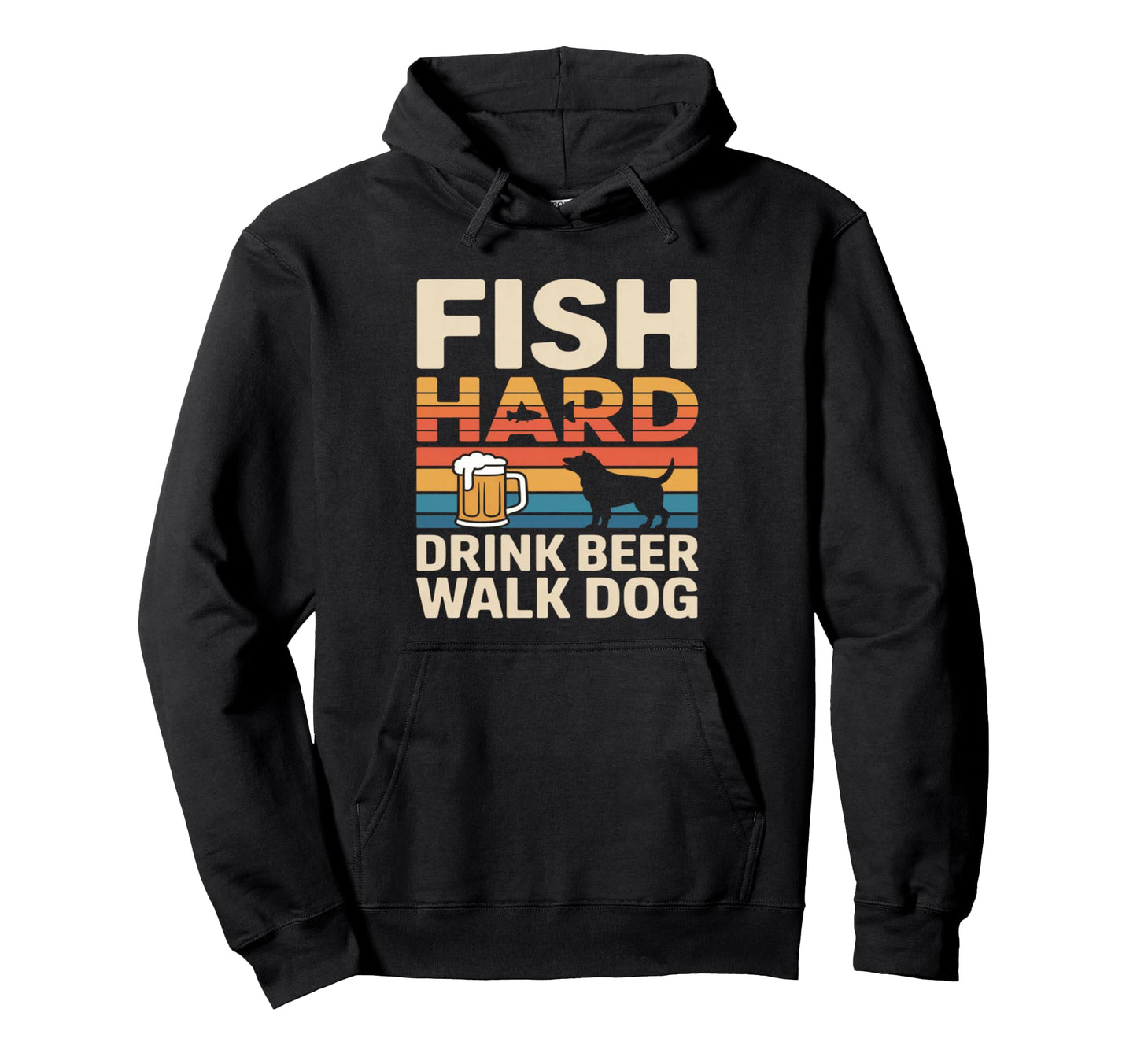 Fish Hard Drink Beer Walk Dog Funny Hoodie - Minimalist Print for Adults - T-Shirt, Sweatshirt, Hoodie