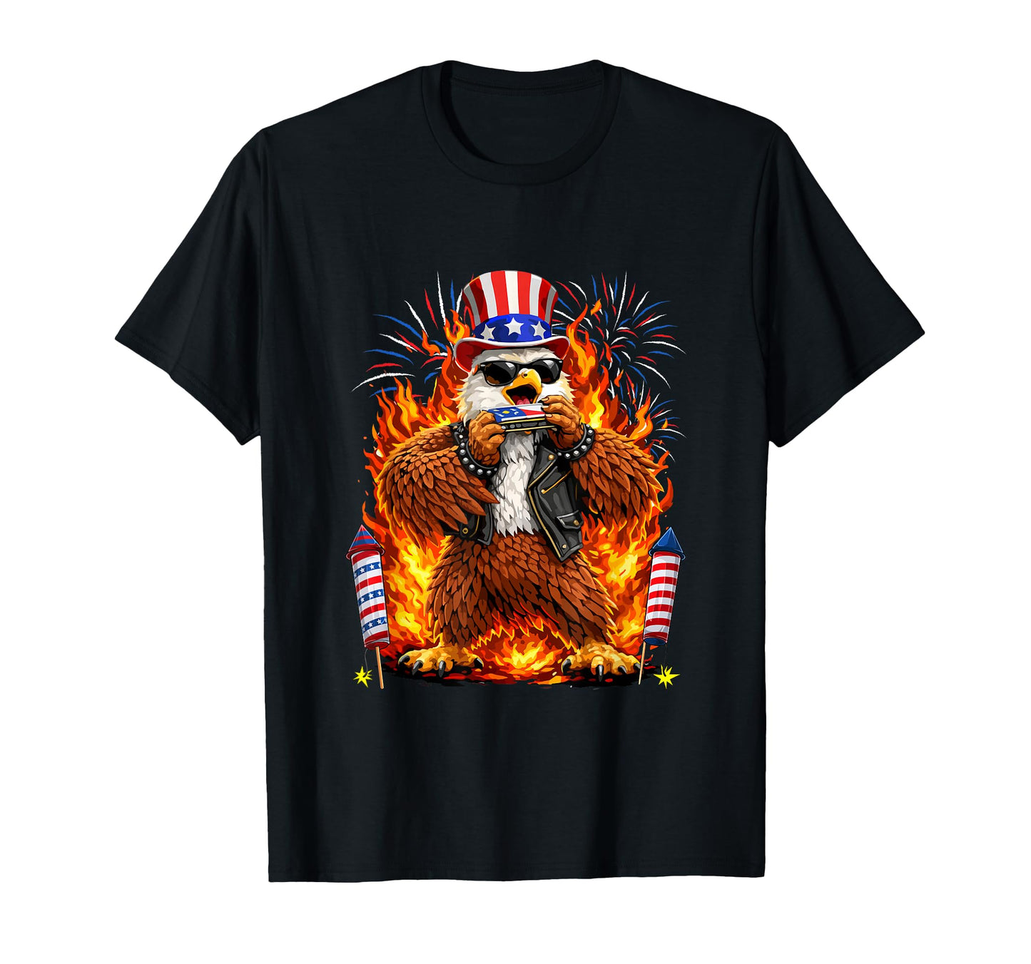 4Th July Eagle Playing Harmonica T-Shirt - Aesthetic Graphic Unisex - T-Shirt, Sweatshirt, Hoodie