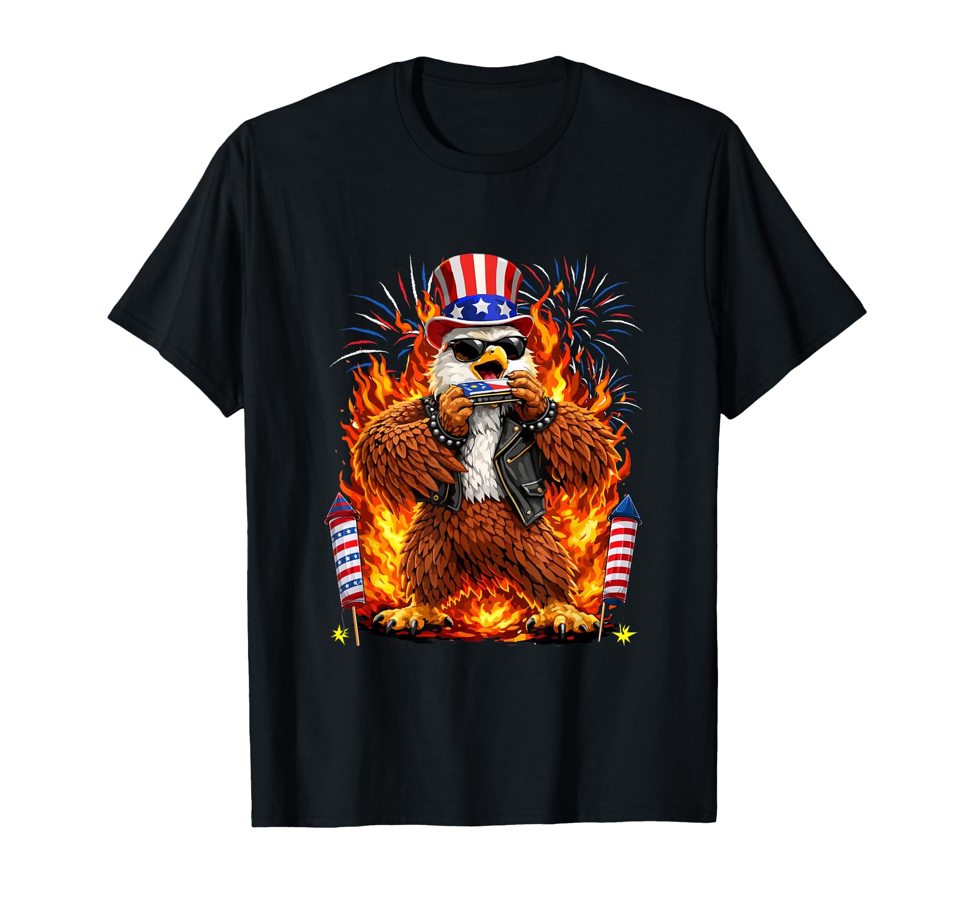 4Th July Eagle Playing Harmonica T-Shirt - Aesthetic Graphic Unisex - T-Shirt, Sweatshirt, Hoodie