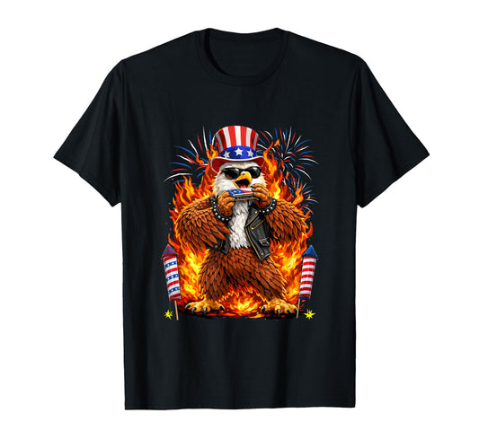 4Th July Eagle Playing Harmonica T-Shirt - Aesthetic Graphic Unisex - T-Shirt, Sweatshirt, Hoodie