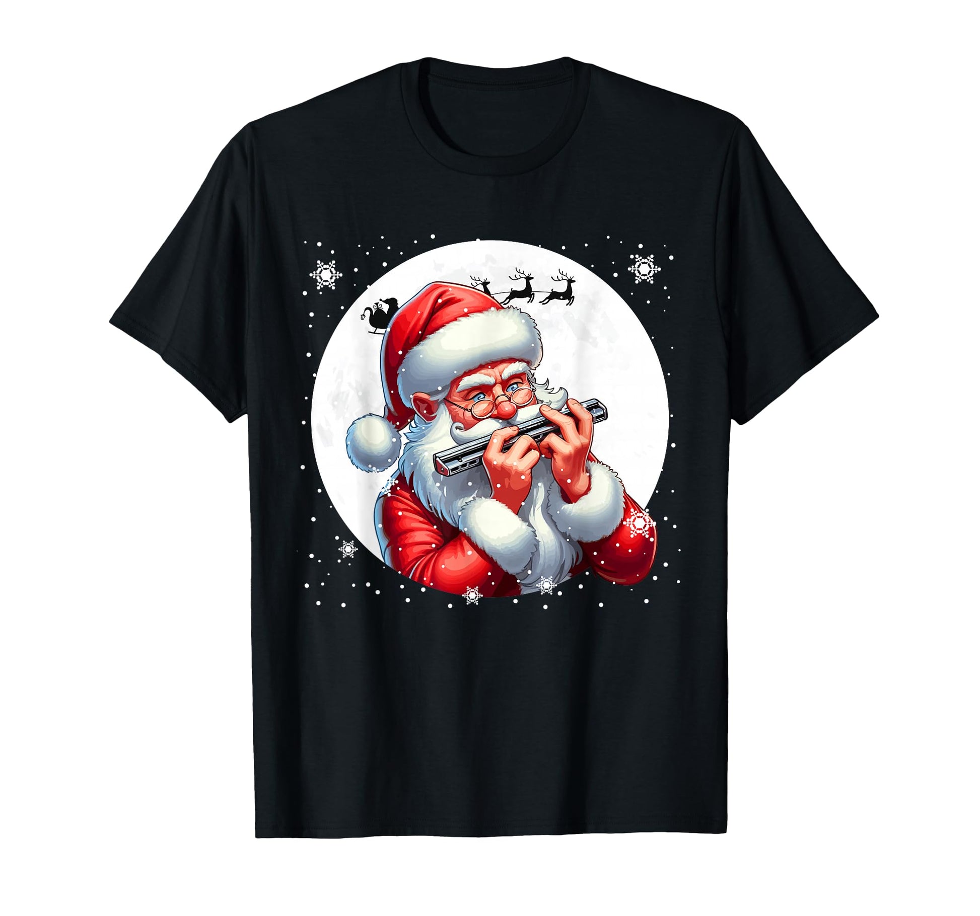 Santa Playing Harmonica Moon Costume T-Shirt - Minimalist Print for Adults - T-Shirt, Sweatshirt, Hoodie