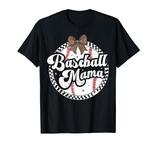 Baseball Mom Leopard Bow Checkered Mama T-Shirt - Graphic Print Men Women - T-Shirt, Sweatshirt, Hoodie