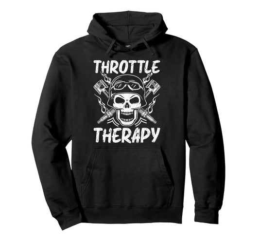 Biker Skull Throttle Therapy Motorhead Hoodie - Minimalist Print Men Women - T-Shirt, Sweatshirt, Hoodie
