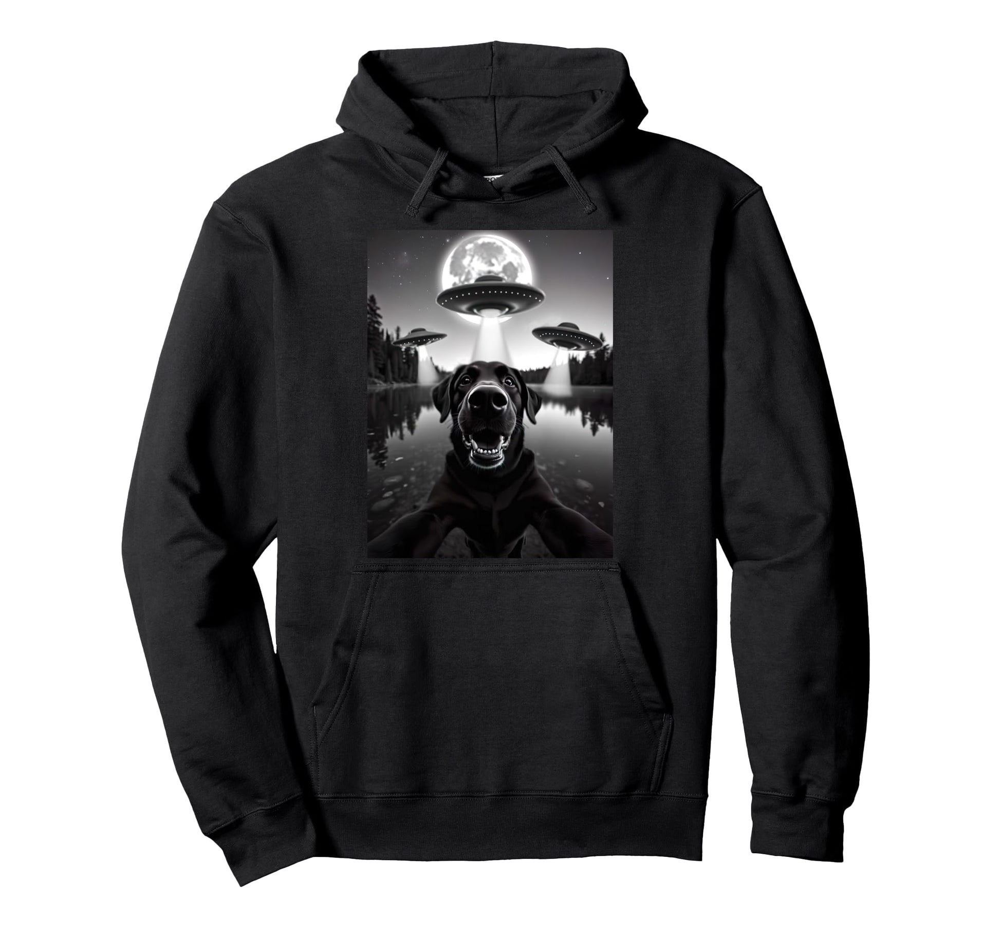 Funny Black Lab Labrador Dog Selfie Ufos Hoodie - Trendy Graphic Men Women - T-Shirt, Sweatshirt, Hoodie