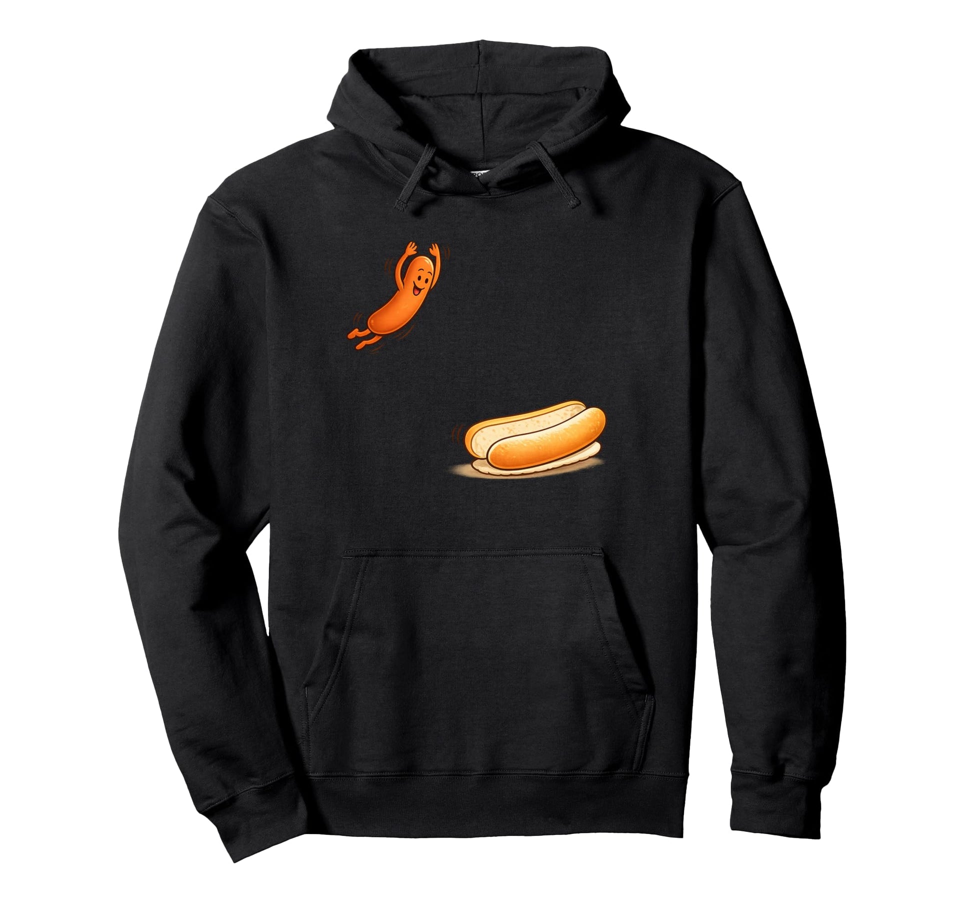 Funny Hot Dog Jumping Into Bun Cartoon Hoodie - Custom Art Print Men Women - T-Shirt, Sweatshirt, Hoodie