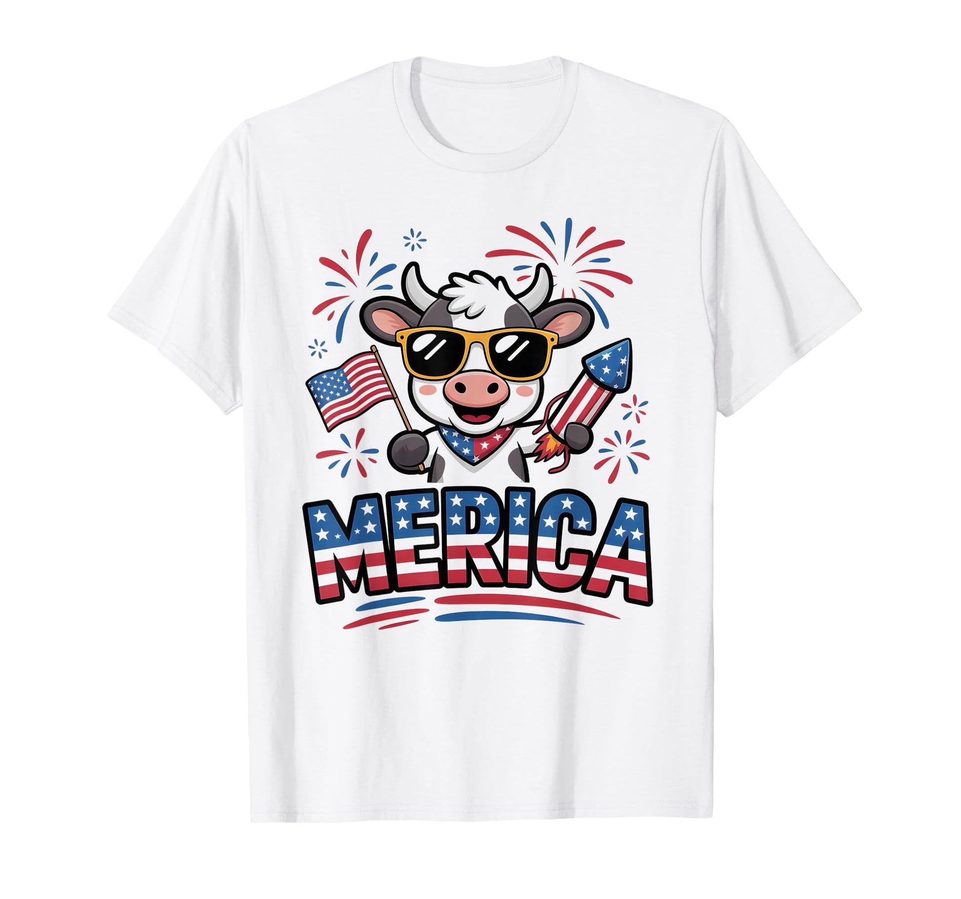 Merica July 4Th Cow Firework Usa Flag T-Shirt - Trendy Graphic Men Women - T-Shirt, Sweatshirt, Hoodie