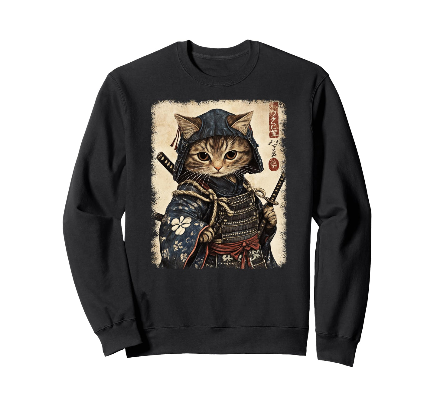 Japanese Samurai Kitten Kawaii Sweatshirt - Minimalist Print Men Women - T-Shirt, Sweatshirt, Hoodie