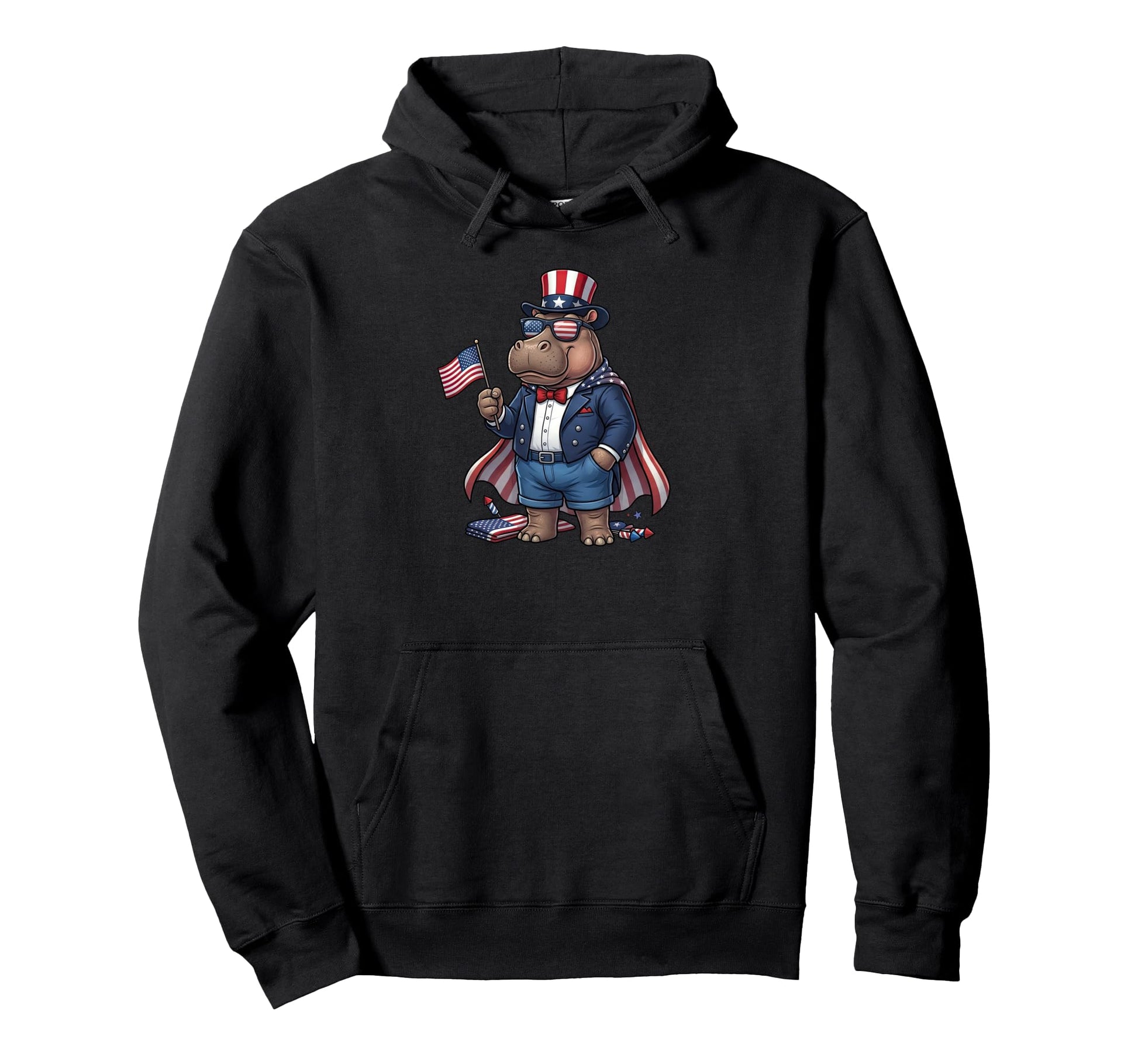 Funny Hippo American Usa Flag Hoodie - Fun Novelty Design for Adults - T-Shirt, Sweatshirt, Hoodie
