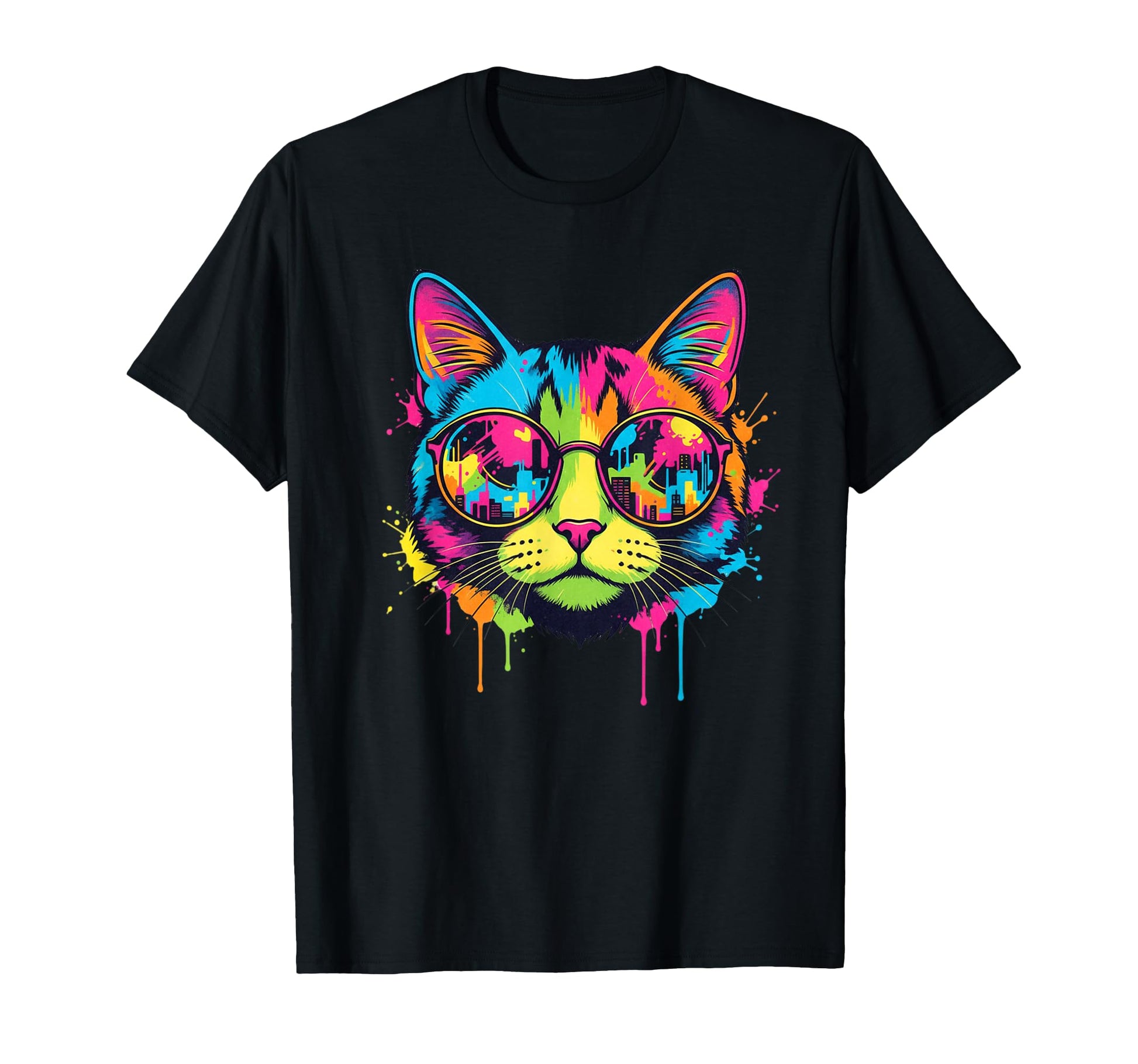 Colorful Cat Sunglasses City Reflection T-Shirt - Novelty Apparel Unisex - T-Shirt, Sweatshirt, Hoodie