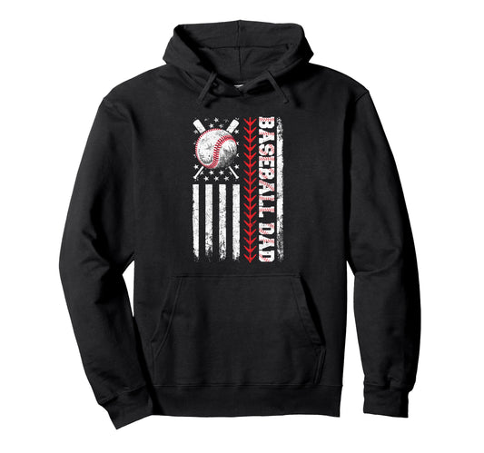 Baseball Dad American Flag Patriotic Hoodie - Unique Graphic for Adults - T-Shirt, Sweatshirt, Hoodie