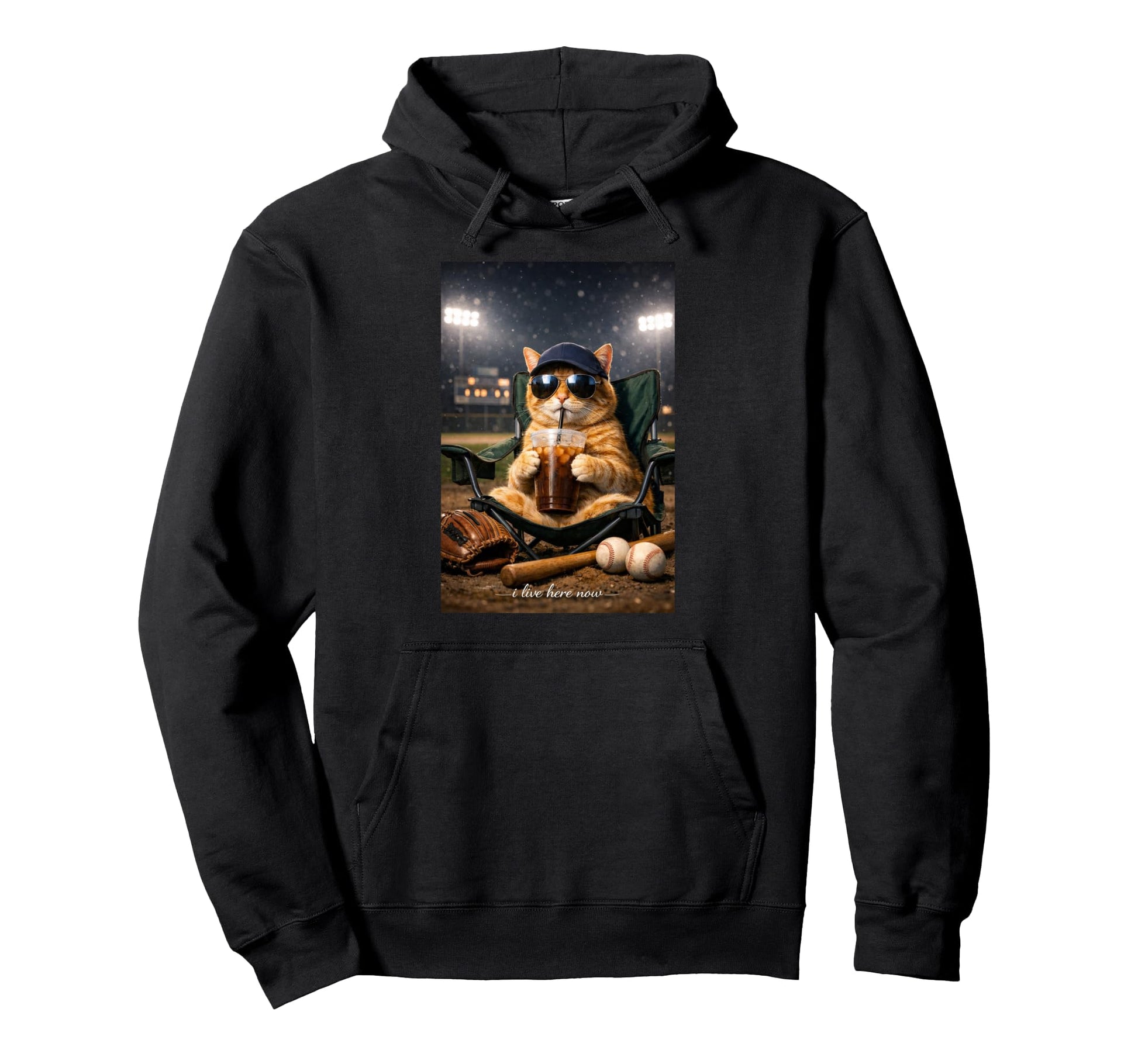 Funny Orange Cat Iced Coffee I Live Here Hoodie - Minimalist Print Unisex - T-Shirt, Sweatshirt, Hoodie