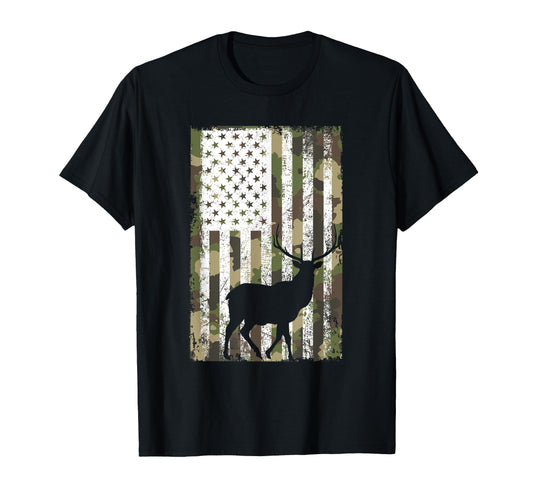 Camo Us Flag Deer Elk Buck Camouflage T-Shirt - Novelty Apparel Unisex - T-Shirt, Sweatshirt, Hoodie