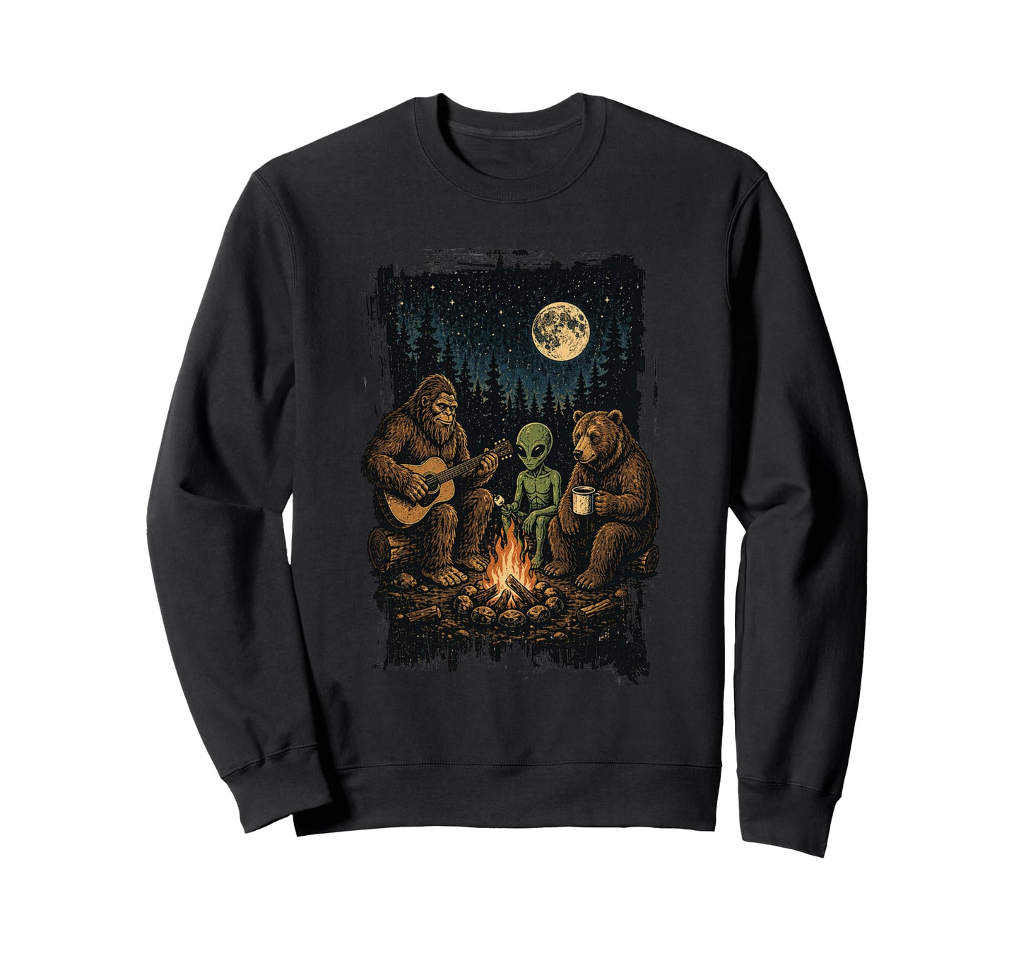 Bigfoot Alien Bear Campfire Forest Sweatshirt - Novelty Apparel Unisex - T-Shirt, Sweatshirt, Hoodie