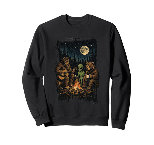 Bigfoot Alien Bear Campfire Forest Sweatshirt - Novelty Apparel Unisex - T-Shirt, Sweatshirt, Hoodie