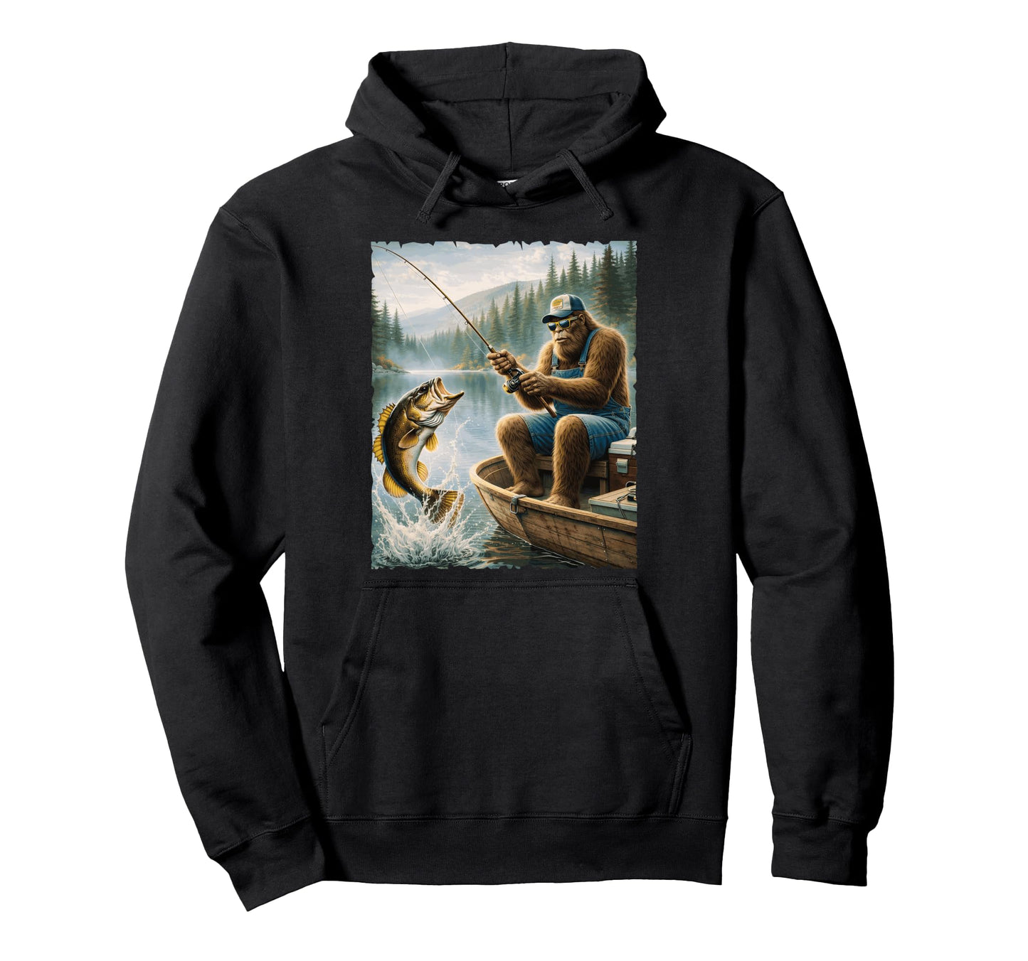 Bigfoot Bass Fishing Funny Sasquatch Hoodie - Trendy Graphic for Adults - T-Shirt, Sweatshirt, Hoodie