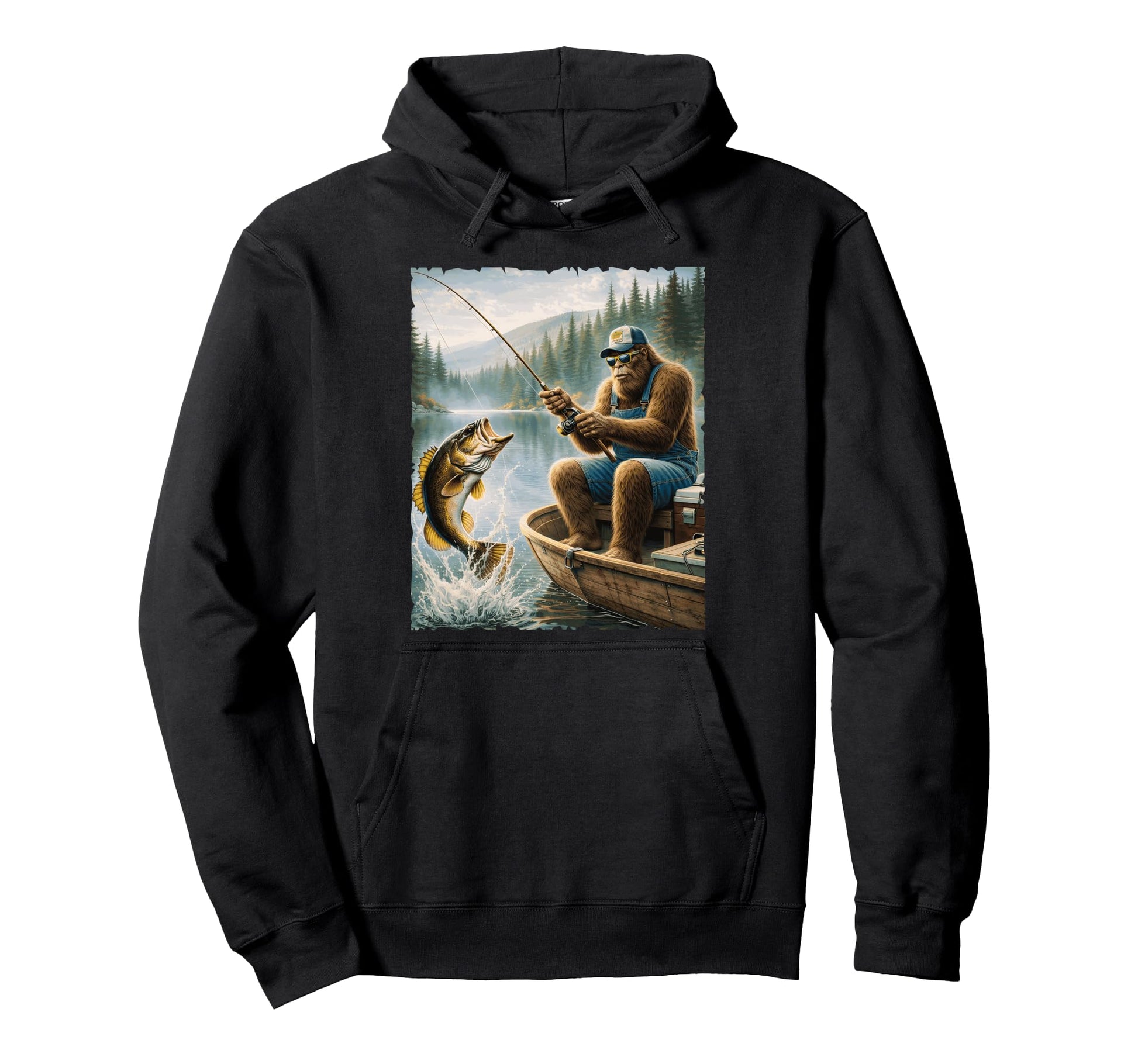 Bigfoot Bass Fishing Funny Sasquatch Hoodie - Trendy Graphic for Adults - T-Shirt, Sweatshirt, Hoodie