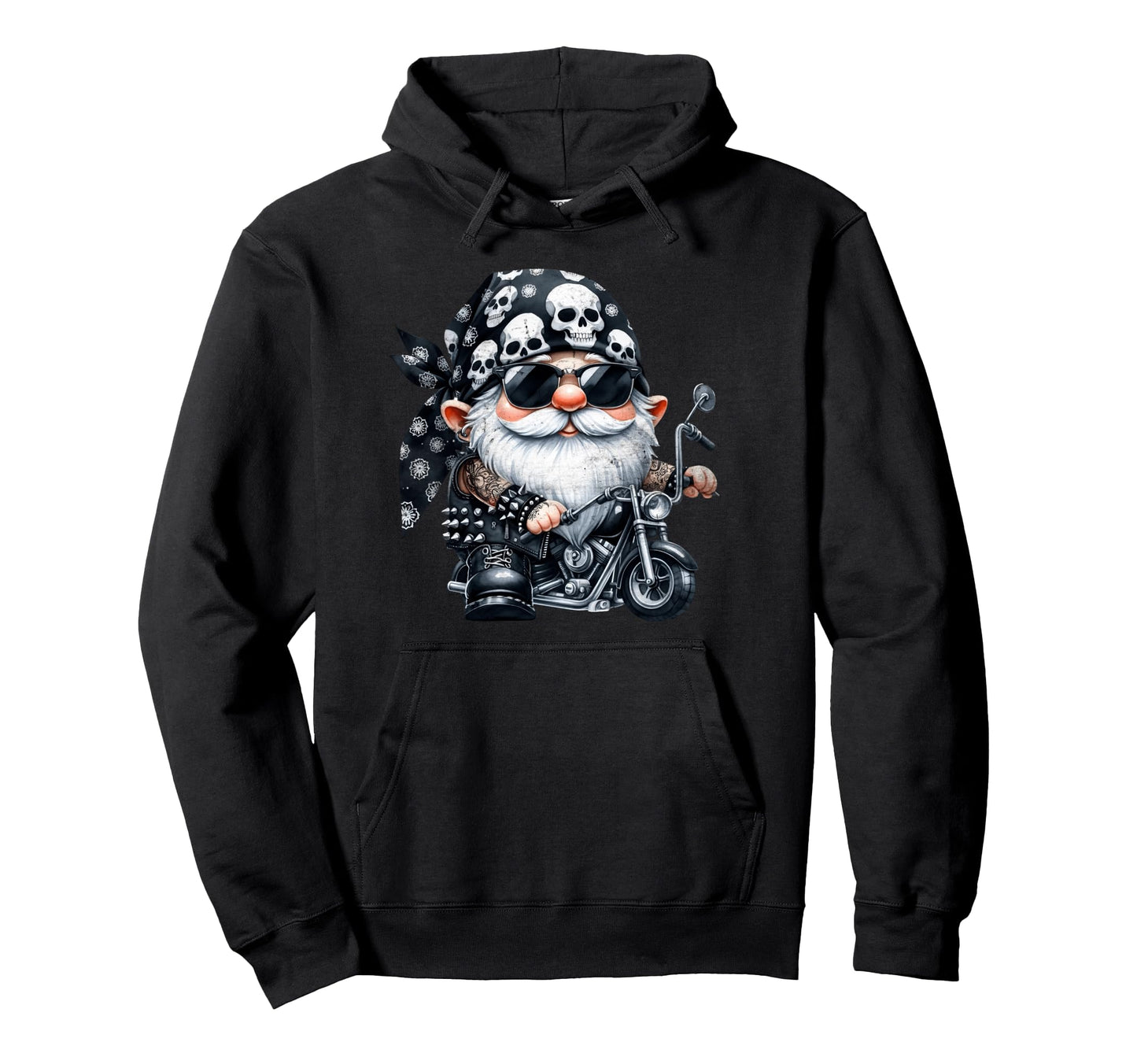 Funny Motorcycle Gnome Black Skull Hoodie - Graphic Print Men Women - T-Shirt, Sweatshirt, Hoodie