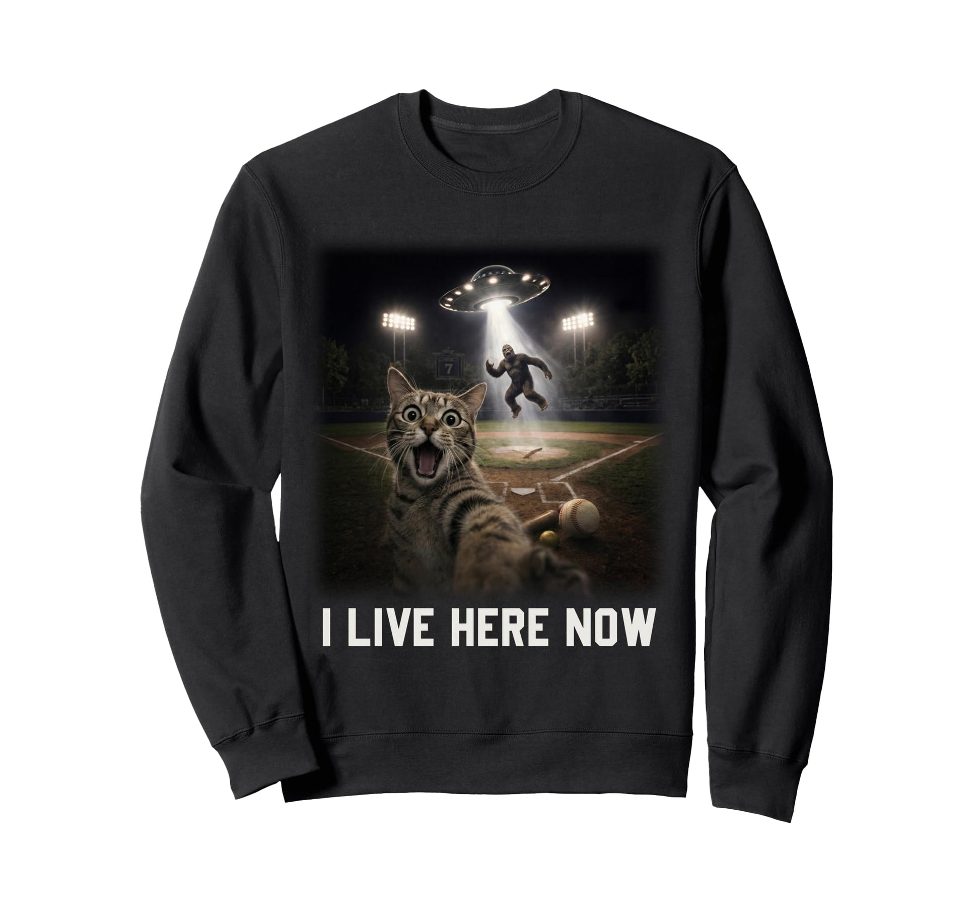 Cat Selfie Ufo Bigfoot Ballfield Sweatshirt - Custom Art Print Men Women - T-Shirt, Sweatshirt, Hoodie