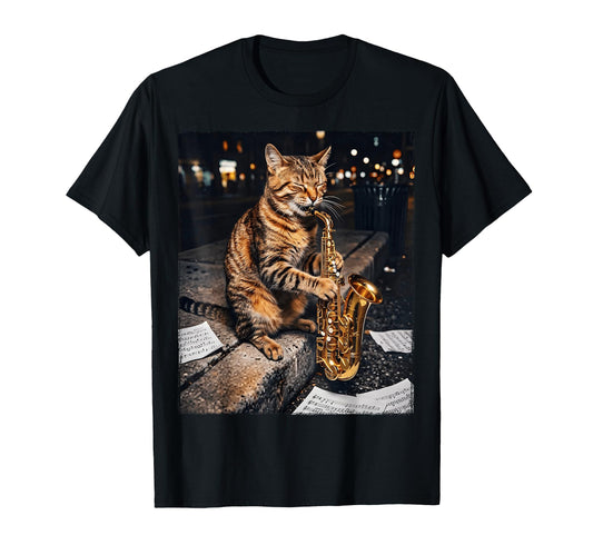 Cat Playing Saxophone Music T-Shirt - Aesthetic Graphic Men Women - T-Shirt, Sweatshirt, Hoodie