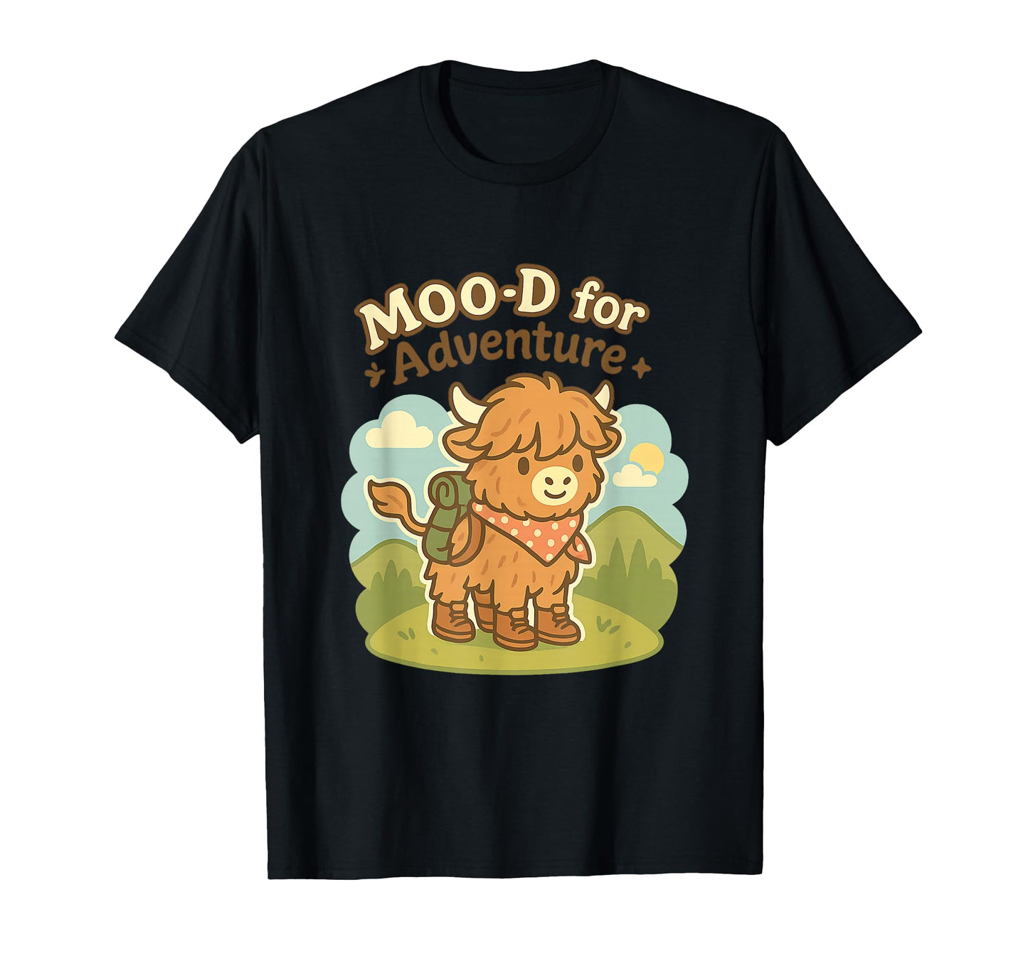 Moo D Adventure Highland Cow Hiking T-Shirt - Novelty Apparel for Adults - T-Shirt, Sweatshirt, Hoodie