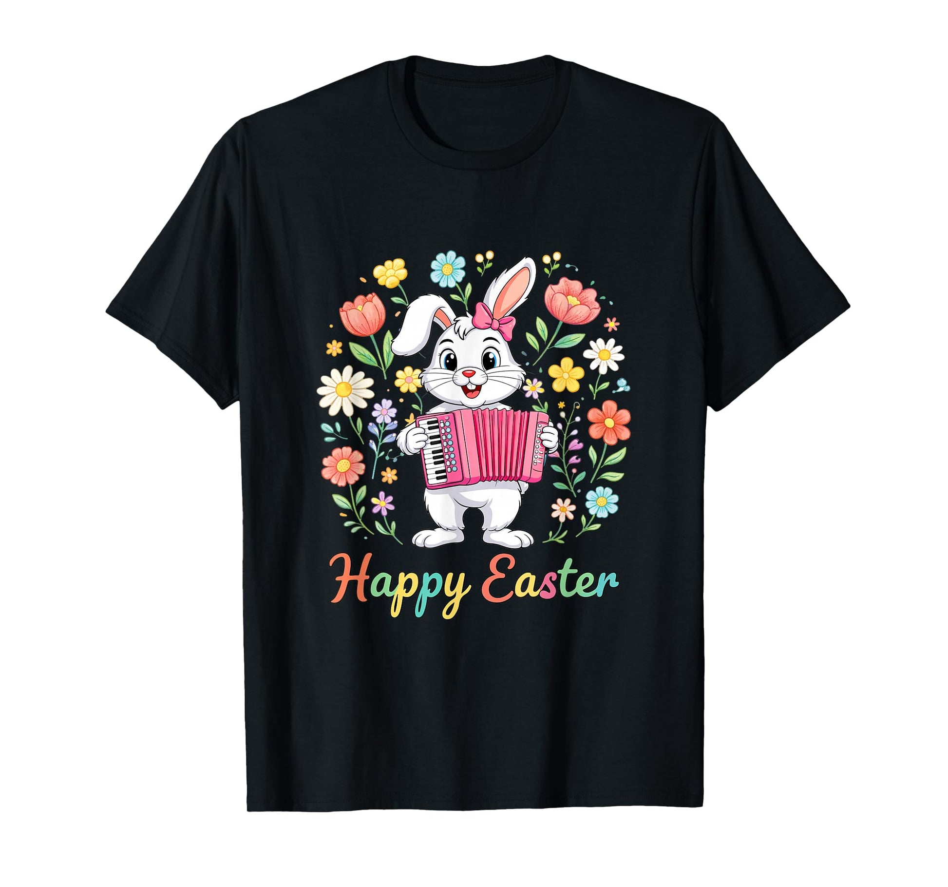 Happy Easter Bunny Playing Accordion T-Shirt - Graphic Print Unisex - T-Shirt, Sweatshirt, Hoodie