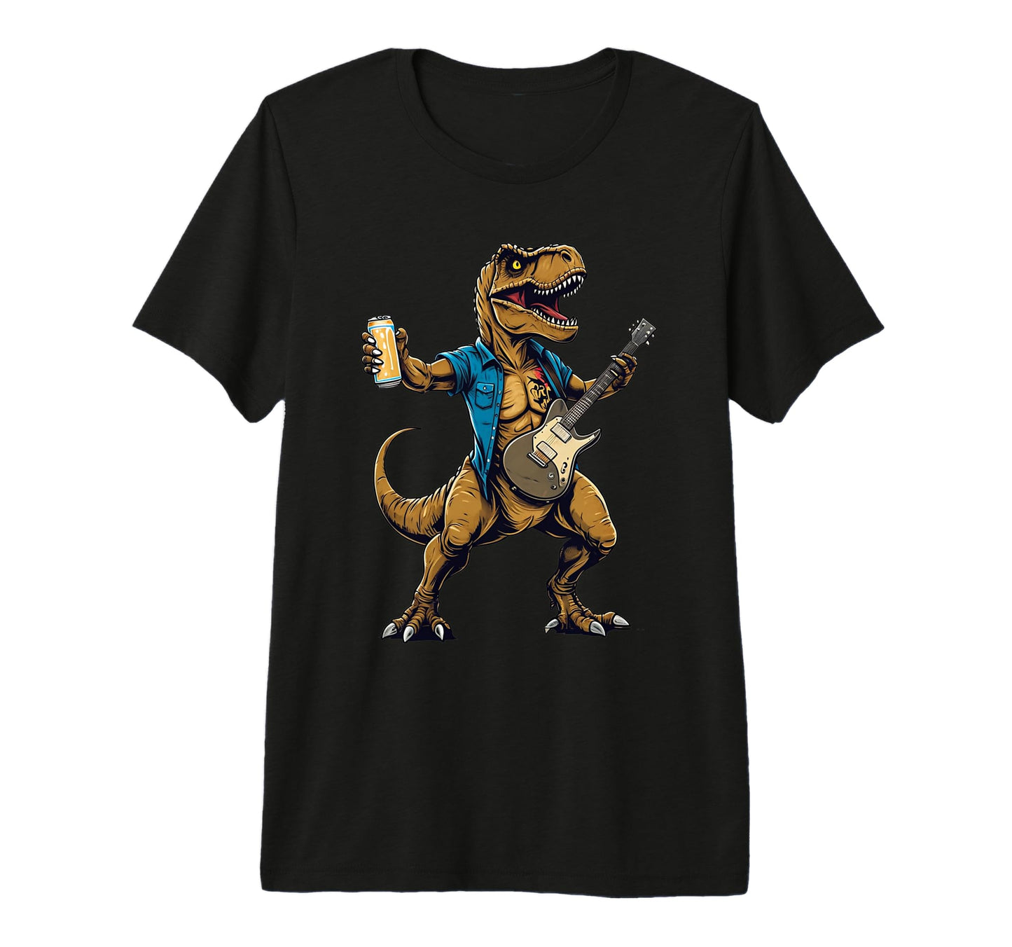Mens Dinosaur Rocker Guitarist Rock T-Shirt - Custom Art Print for Adults - T-Shirt, Sweatshirt, Hoodie