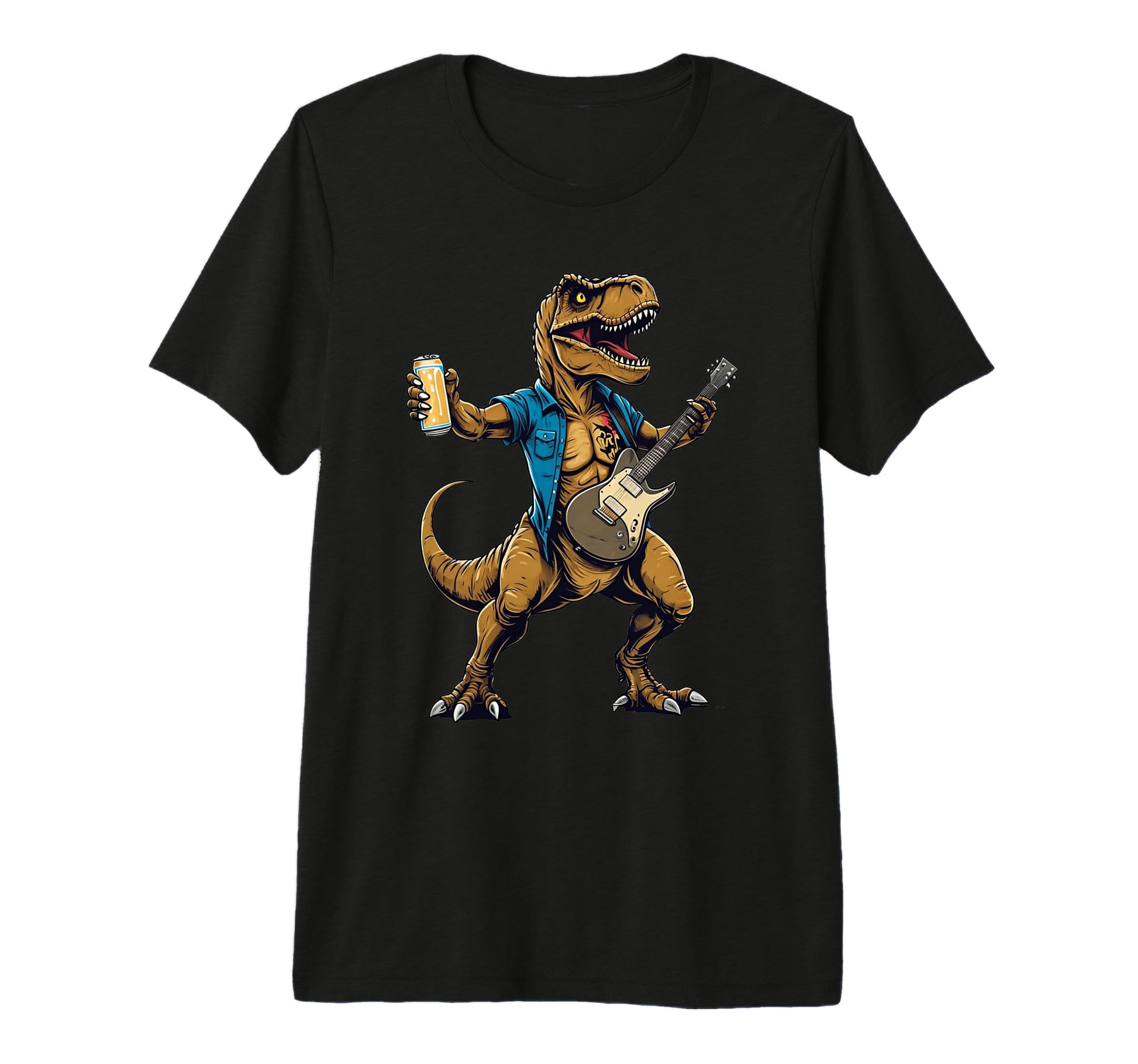 Mens Dinosaur Rocker Guitarist Rock T-Shirt - Custom Art Print for Adults - T-Shirt, Sweatshirt, Hoodie