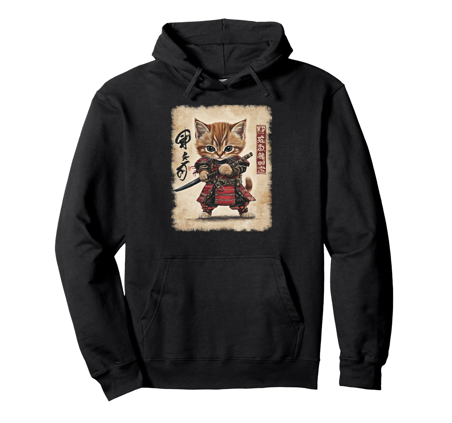 Japanese Samurai Kitten Kawaii Hoodie - Casual Everyday Wear for Adults - T-Shirt, Sweatshirt, Hoodie