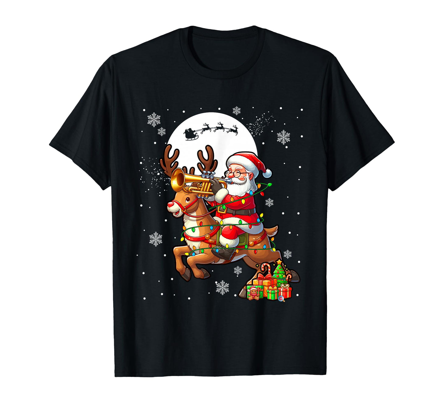 Santa Playing Trumpet Reindeer T-Shirt - Fun Novelty Design Unisex - T-Shirt, Sweatshirt, Hoodie