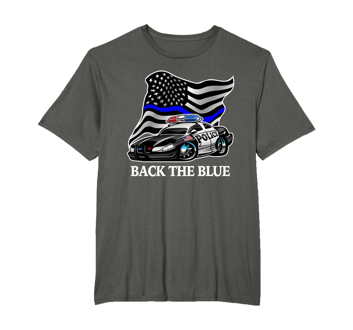 Back Blue Flag Police Car Cartoon T-Shirt - Trendy Graphic for Adults - T-Shirt, Sweatshirt, Hoodie