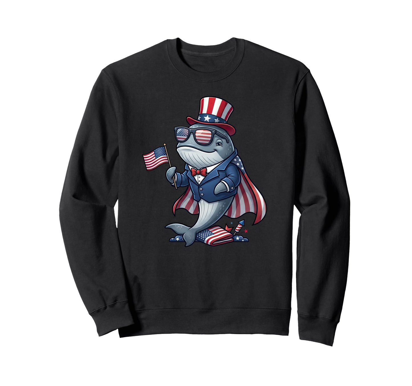 Funny Whale American Usa Flag Memorial Sweatshirt - Unique Graphic Unisex - T-Shirt, Sweatshirt, Hoodie