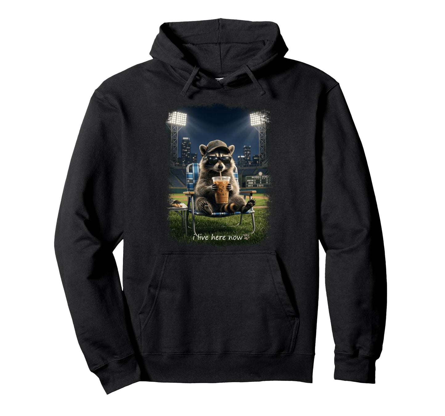Funny Raccoon Ballfield Baseball Hoodie - Streetwear Style for Adults - T-Shirt, Sweatshirt, Hoodie